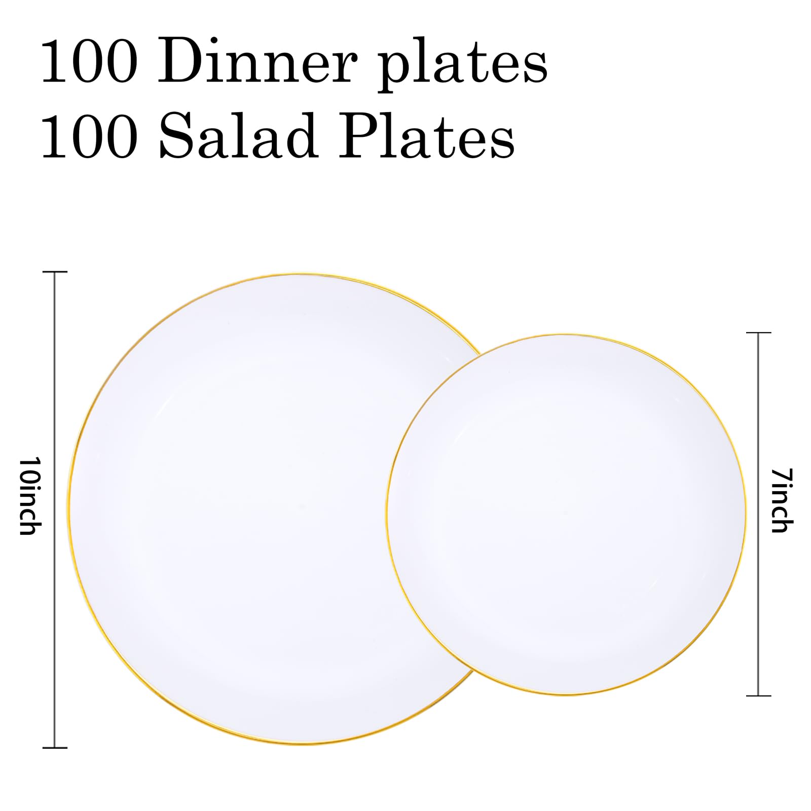 KIRE 200PCS Gold Plastic Plates - Disposable Plates for Party - White Plastic Plates with Gold Rim Include 100 for Dinner and 100 for Dessert/Salad in Wedding/Party