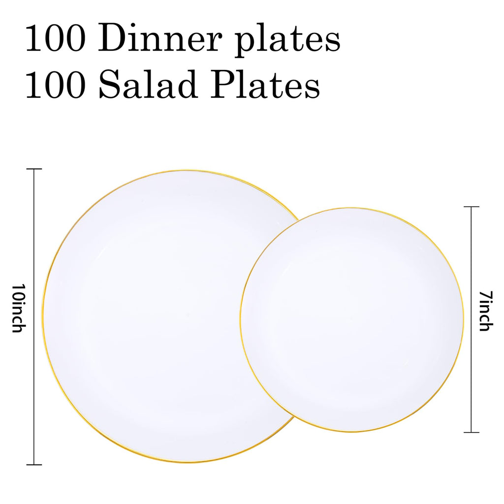 KIRE 200PCS Gold Plastic Plates - Disposable Plates for Party - White Plastic Plates with Gold Rim Include 100 for Dinner and 100 for Dessert/Salad in Wedding/Party