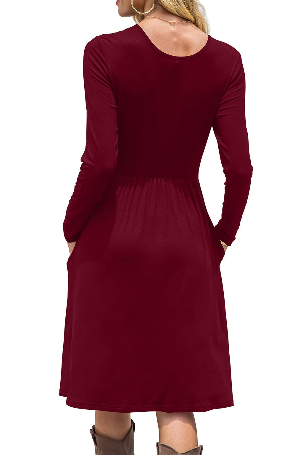 DB MOON Women Casual Long Sleeve Dresses Empire Waist Knee Length Loose Dress with Pockets (Wine Red, S)