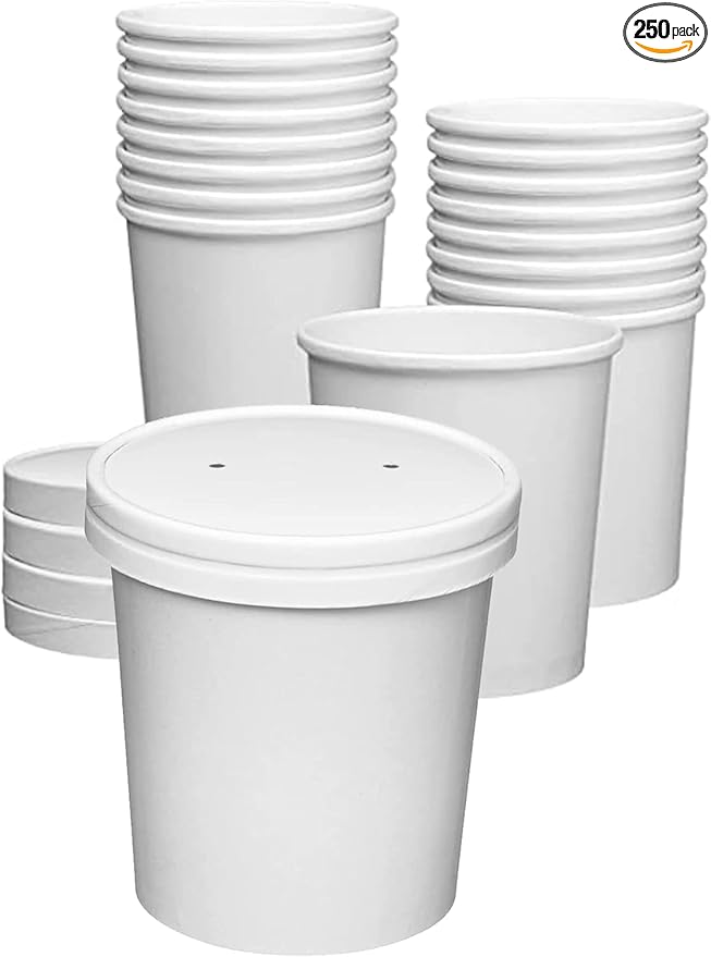 Basidi [250 Sets White Paper Food Containers With Vented Lids, To Go Hot Soup Bowls, Disposable Ice Cream Cups (8oz)
