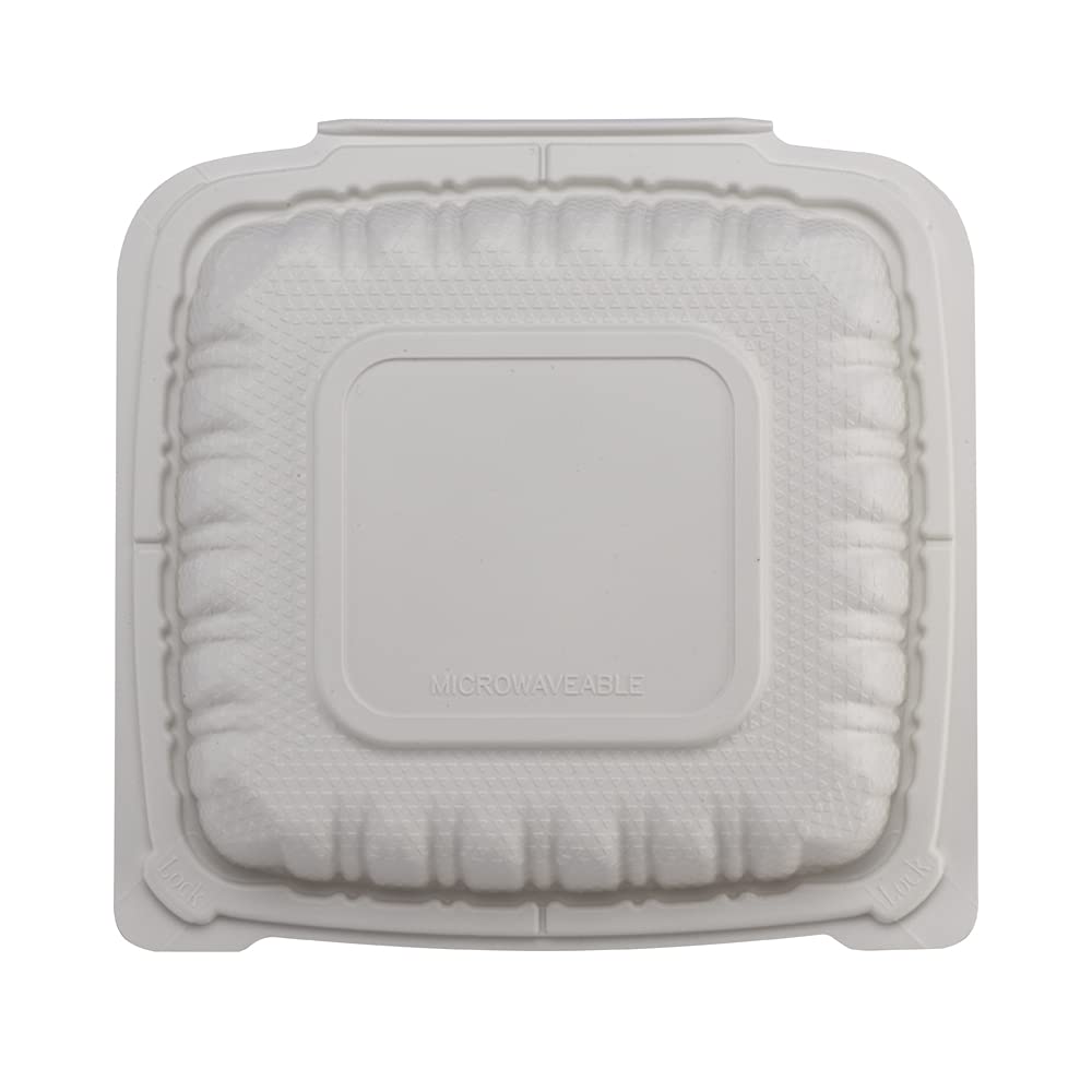 TIYA Clamshell Food Containers - White Bulk 150 Pack, 8x8 in - 3-Compartment To-Go Containers - Microwavable Plastic with Hinged Lid - Great for Meal Prep - BPA-Free