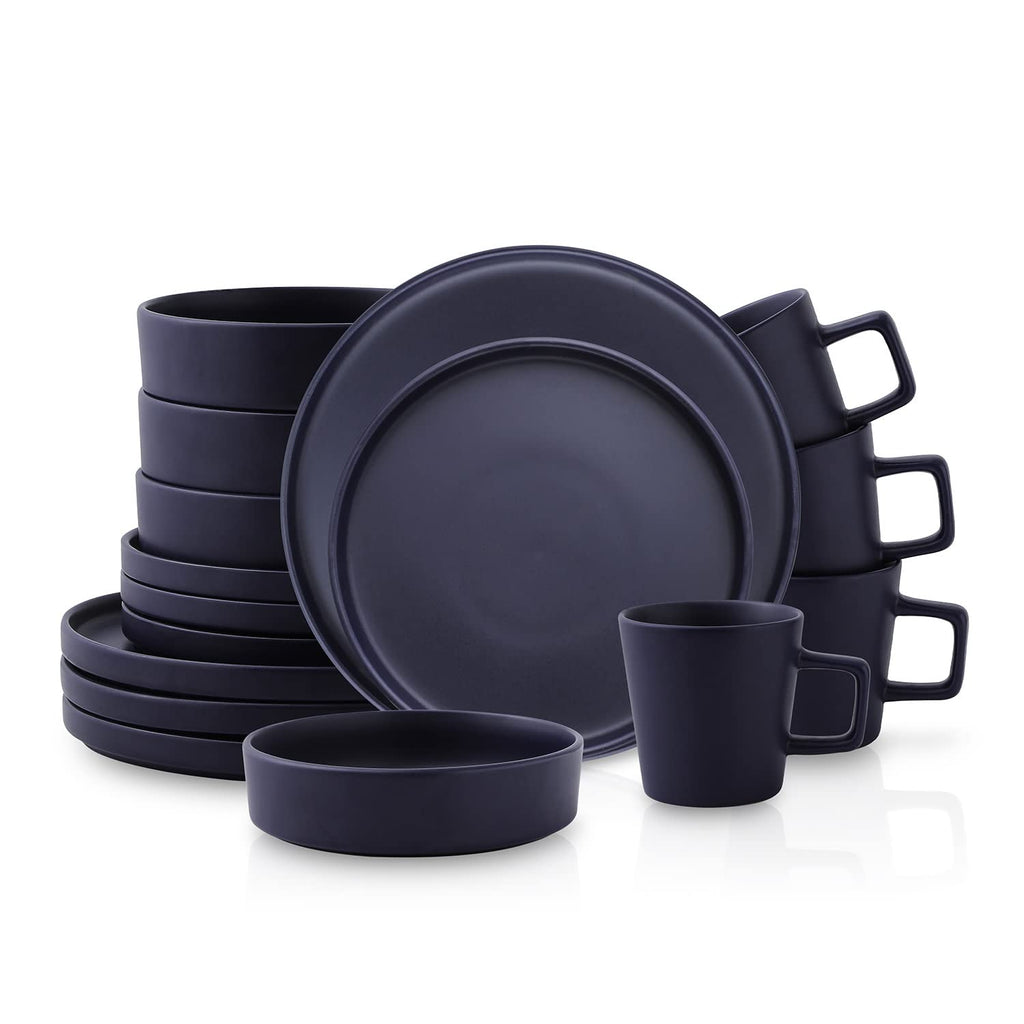Stone Lain Cleo Modern Stoneware 16-Piece Dinnerware Set, Plates and Bowls Set, Dish Set Service For 4, Dark Blue