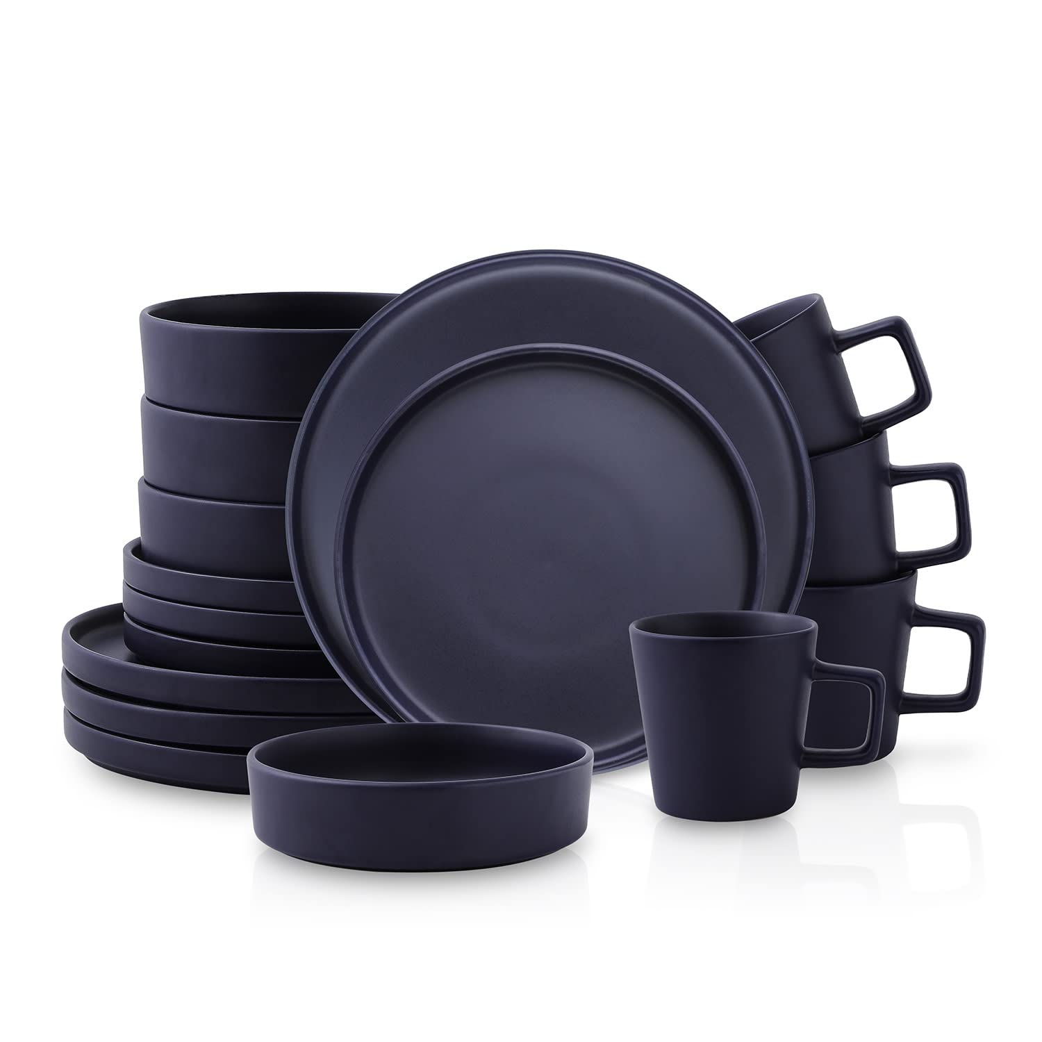 Stone Lain Cleo Modern Stoneware 16-Piece Dinnerware Set, Plates and Bowls Set, Dish Set Service For 4, Dark Blue