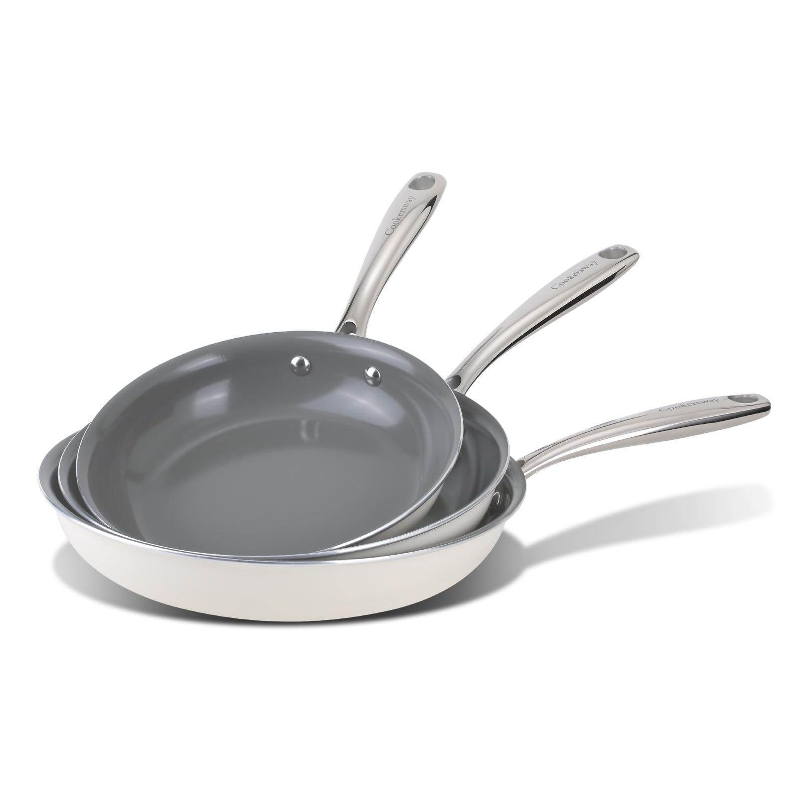 Cookersway Ceramic Nonstick Frying Pan Set - 3-Piece Skillet Set (8", 9.5", 11"), PFOA & PFAS Free, Stay Cool Handle, Dishwasher Safe, Induction Compatible Cookware for Omelet, Sauté, Fry