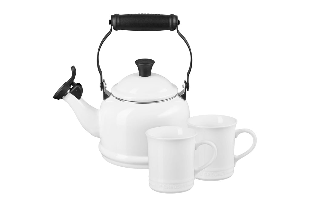 Le Creuset Demi Kettle (1.25 qt.) and 2 Mugs (14 oz. each), White/Black