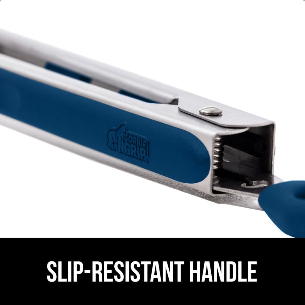 GORILLA GRIP Stainless Steel BPA-Free Kitchen Tongs for Cooking, 9+12 Inch, Heat Resistant BBQ Tong Set of 2, Non Scratch Silicone Tip for Pan, Strong Grip, Grab Food, Toss Salad, Pull Lock, Blue