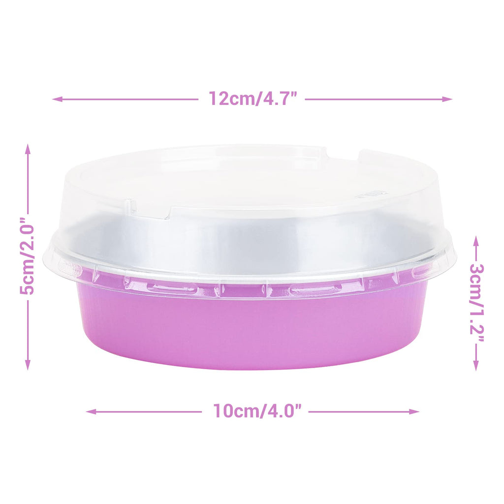Beasea Disposable Mini Pans with Lids, 100 Pack 4” 8oz Light Pink Aluminum Baking Foil Tins Round Small Tart Container for Individual Cupcake Dessert Muffin Ramekin Cheesecake Quiche Oven Dishes