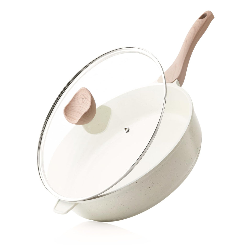 Kordisen Nonstick Ceramic Deep Frying Pan, 12 Inch Non Toxic Large Skillet with Lid, 5 Qt Healthy Jumbo Cooker, Saute Pan for Cooking, Induction Cookware, PFOA & PFAS Free (Cream)