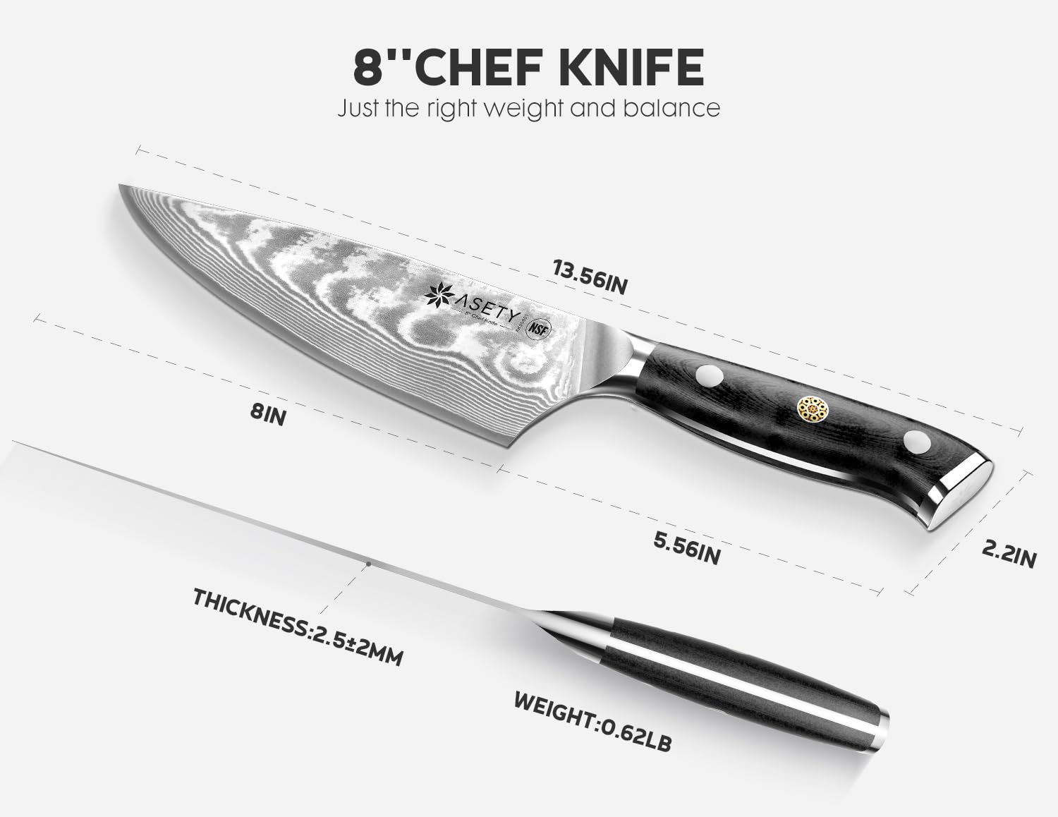 ASETY Damascus Chef Knife 8 inch, Japanese Knife with VG10 Steel Core