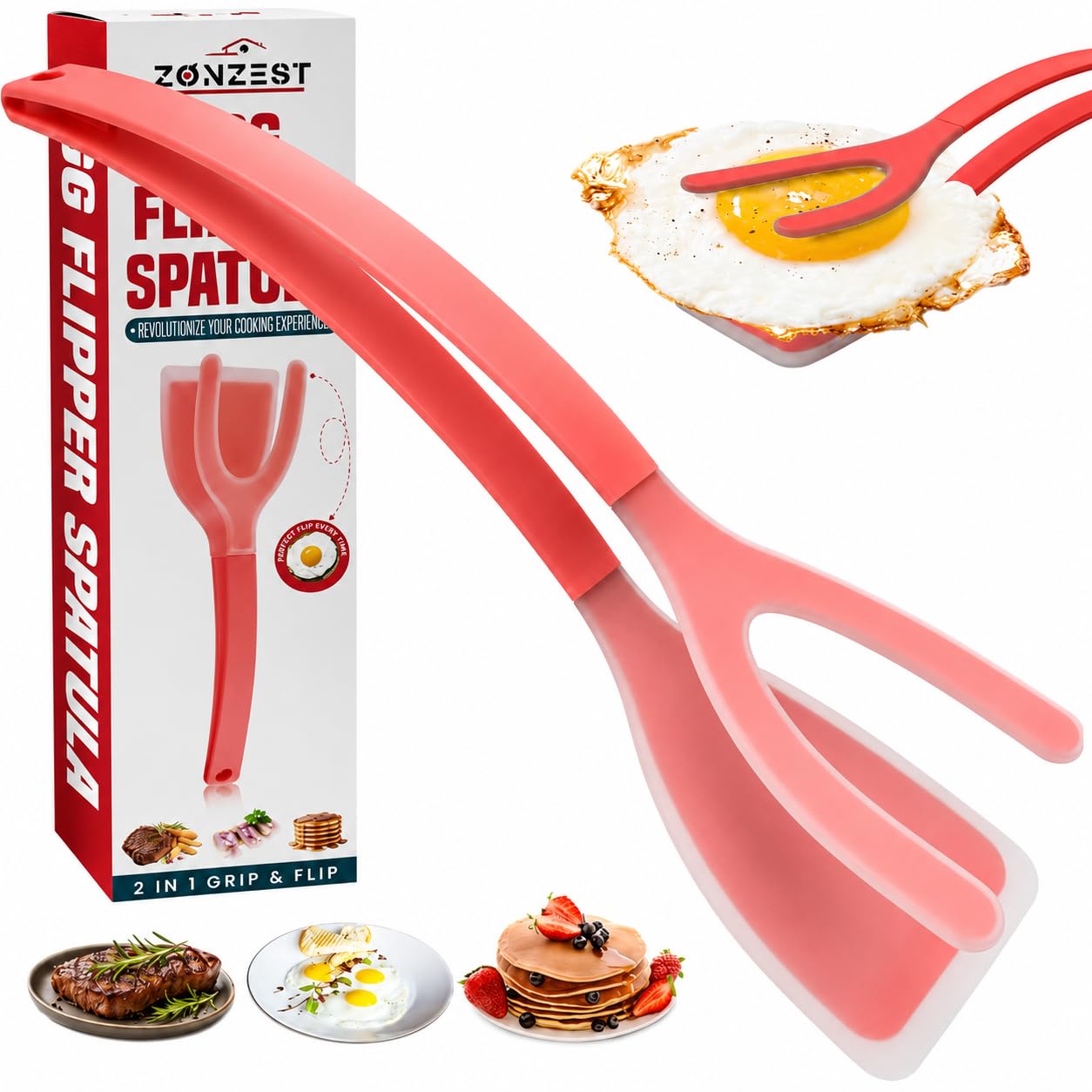 ZONZEST Silicone Egg Flipper Spatula Tongs (Set of 1) – Non-Stick 2-in-1 Grip & Flip Kitchen Tongs for Pancakes, Fish, Eggs, and More – Heat Resistant Cooking Tool (Pink)