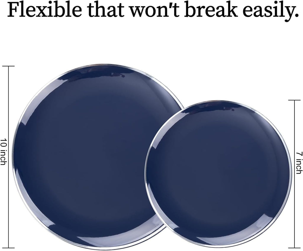 KIRE 200PCS Blue Plastic Plates with Silver Rim - Navy Blue Plastic Plates Include 100 Dinner & Dessert Plate - Heavy Duty Dark Blue Disposable Plate for Wedding/Parties