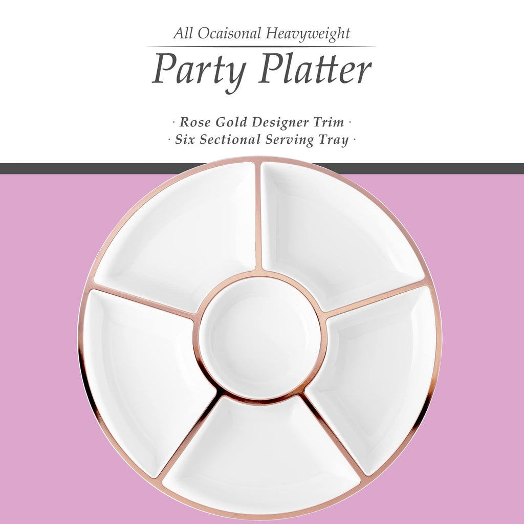 Plasticpro 6 Sectional Round Plastic Serving Tray/Platter (2, White & Rose Gold)