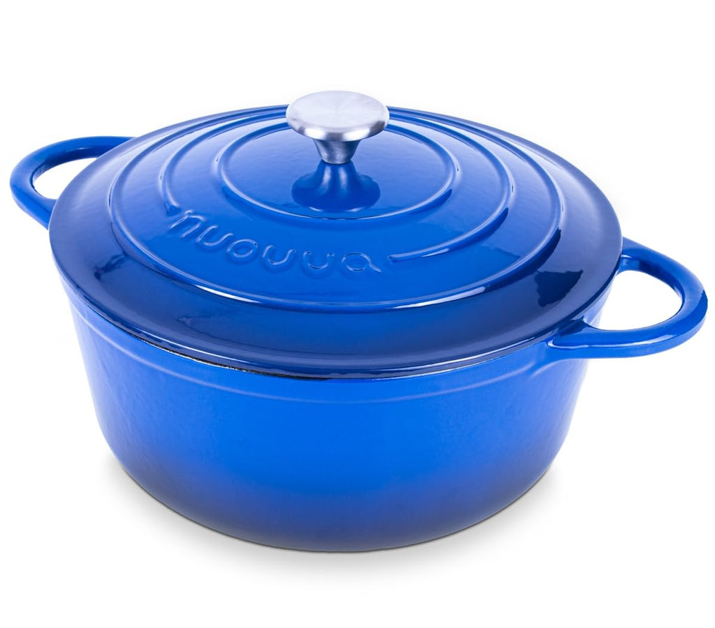 Nuovva Enamelled Cast Iron Dutch Oven Pot with Lid-6.4 Quart Non Stick Casserole Pot-Heavy Duty & Oven Safe up to 500° F for Bread Baking, Braising, Stews, Roasting - 28cm Dark Blue