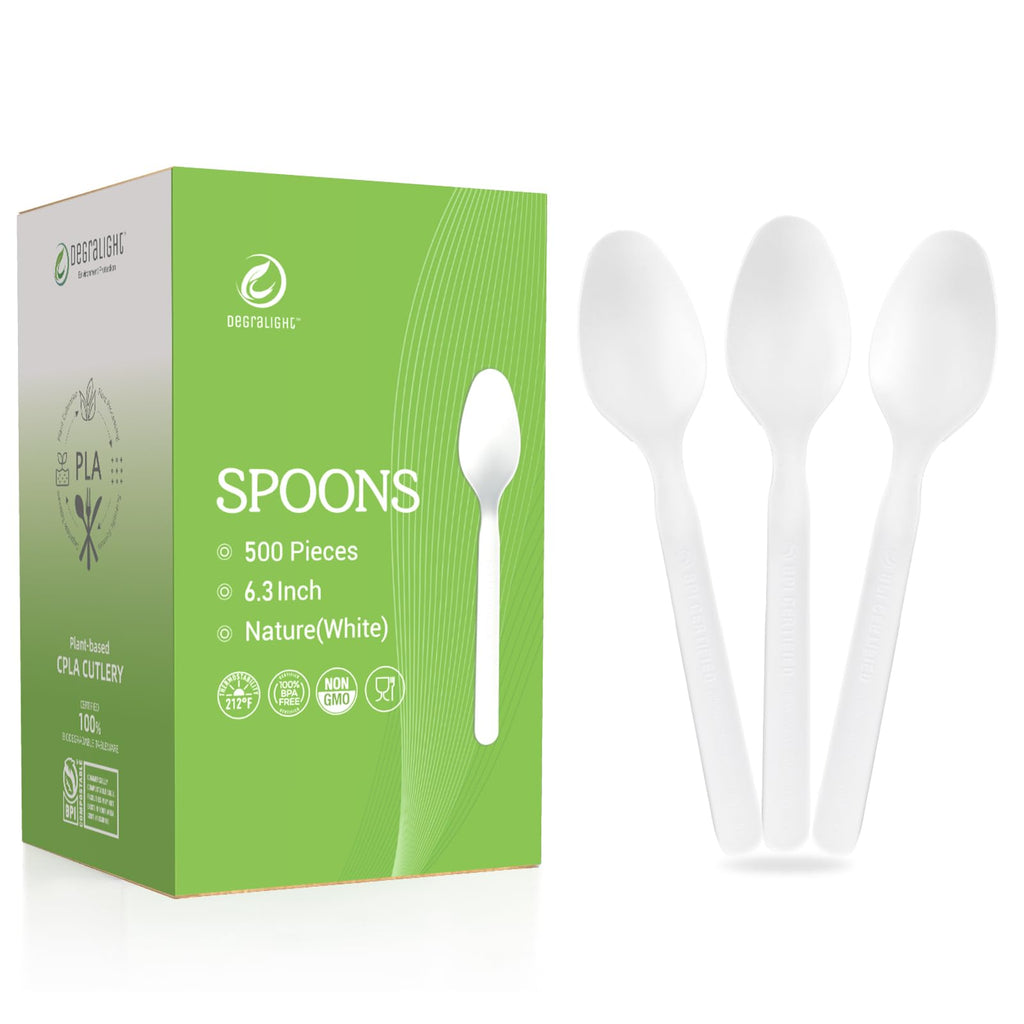 Degralight [500 Pcs] Compostable Spoons Bulk Biodegradable Utensils BPI Certified Disposable Spoons Alternative to Plastic Spoons for Daily, Party & Camping Restaurant