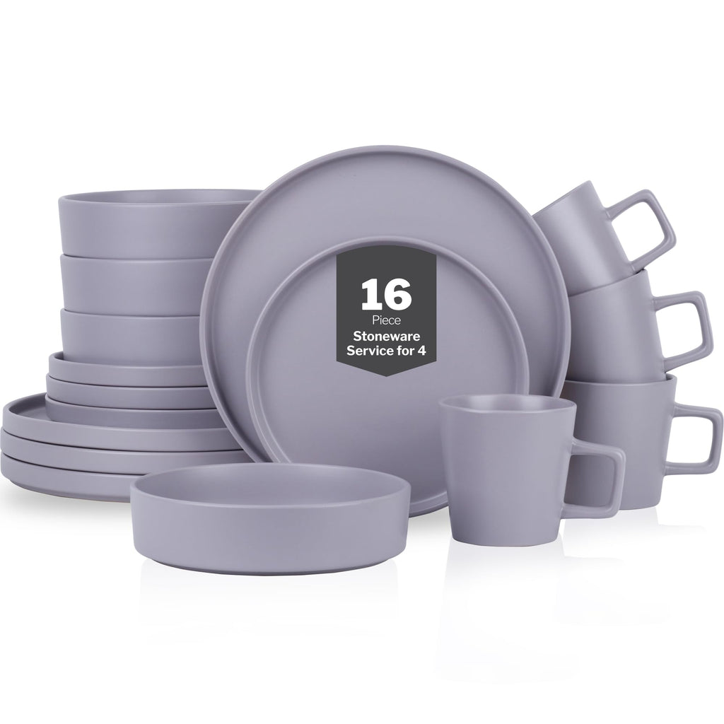 Stone Lain Cleo Stoneware 16-Piece Modern Dinnerware Set, Plates and Bowls, Light Gray, Service for 4, Microwave & Dishwasher Safe