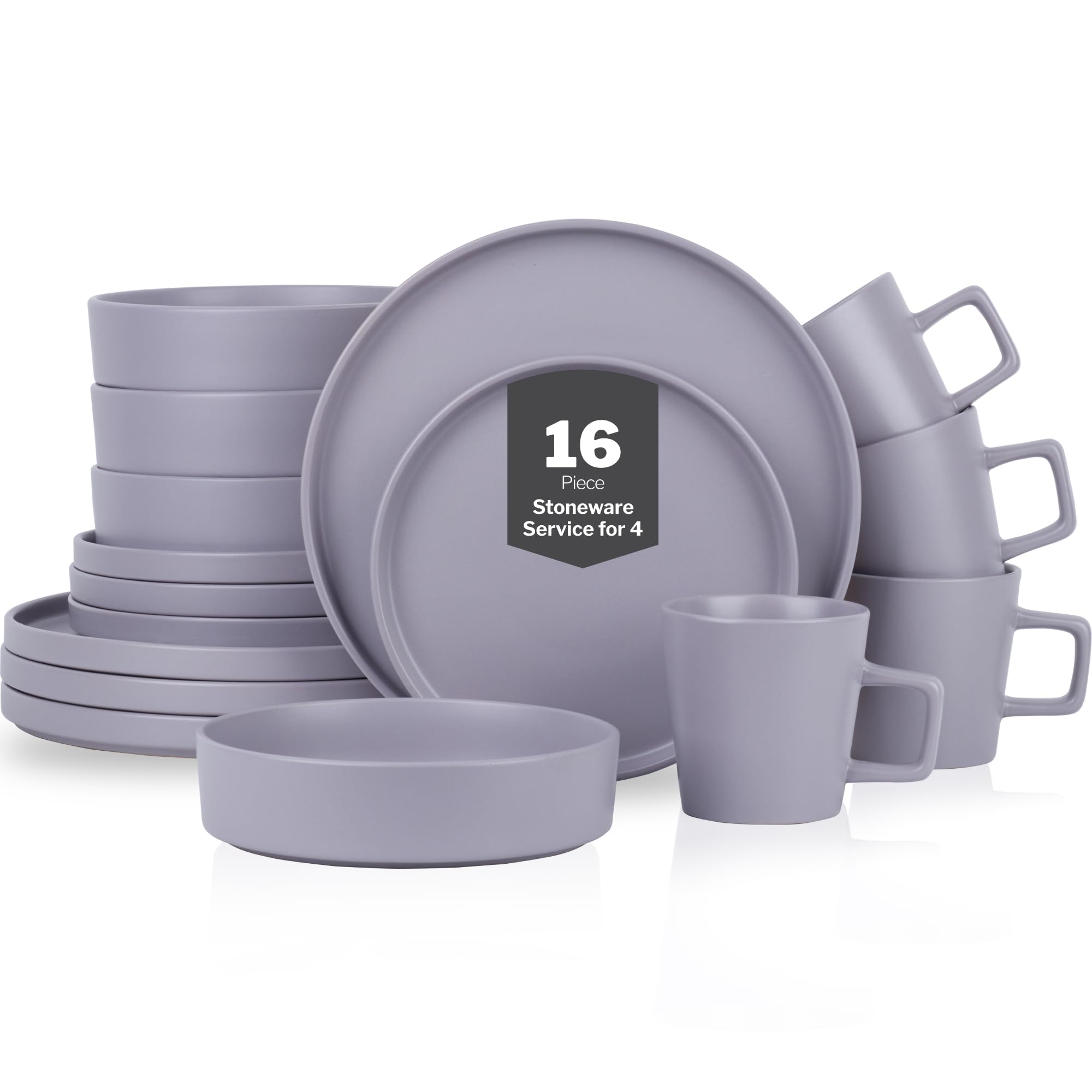 Stone Lain Cleo Stoneware 16-Piece Modern Dinnerware Set, Plates and Bowls, Light Gray, Service for 4, Microwave & Dishwasher Safe