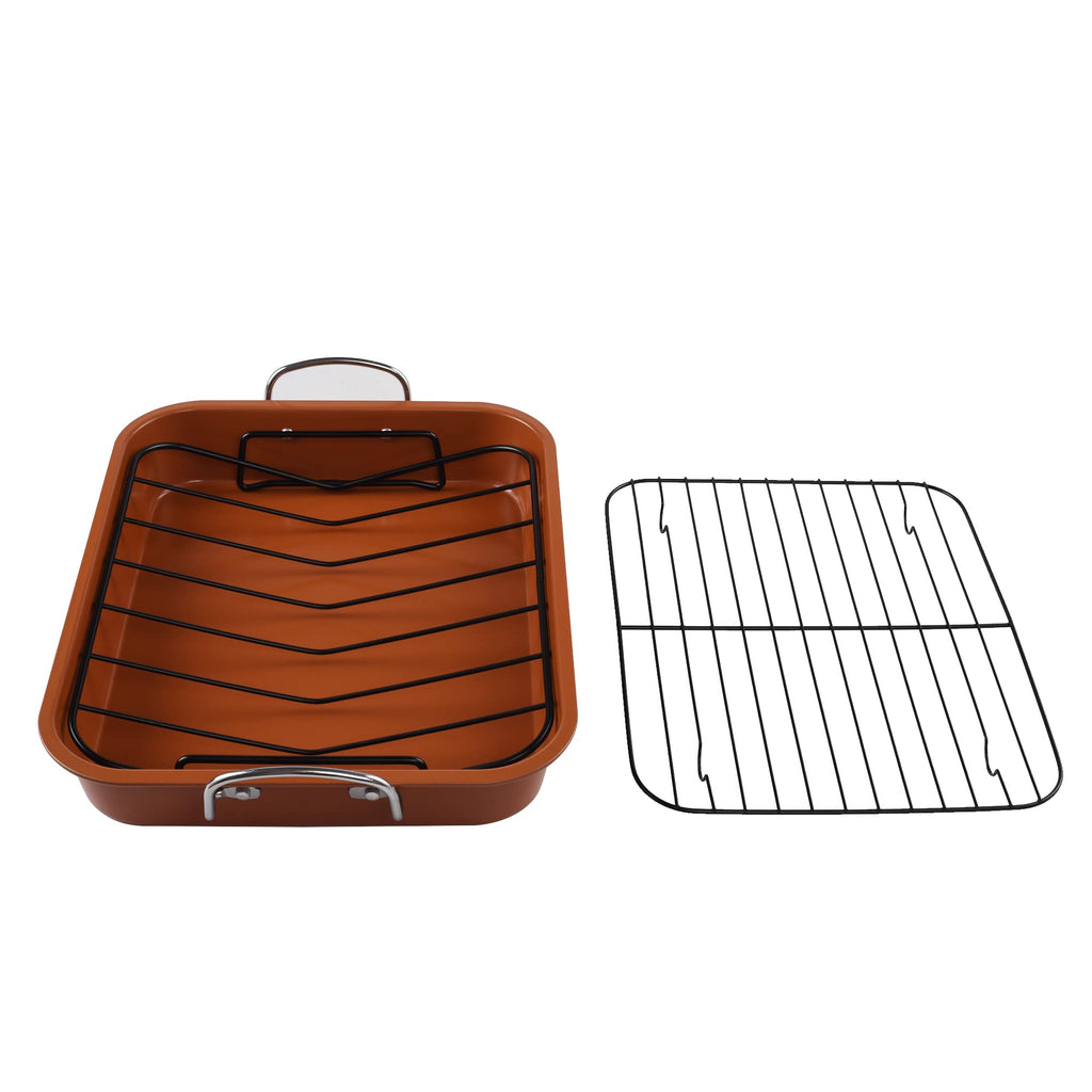 KitCom Nonstick Roasting Pan, Roaster with Cooling Rack and V-Rack - 16 Inch Rectangular Turkey Roaster Lasagna Pan for Easter, Thanksgiving & Christmas, Dishwasher Safe, Bronze