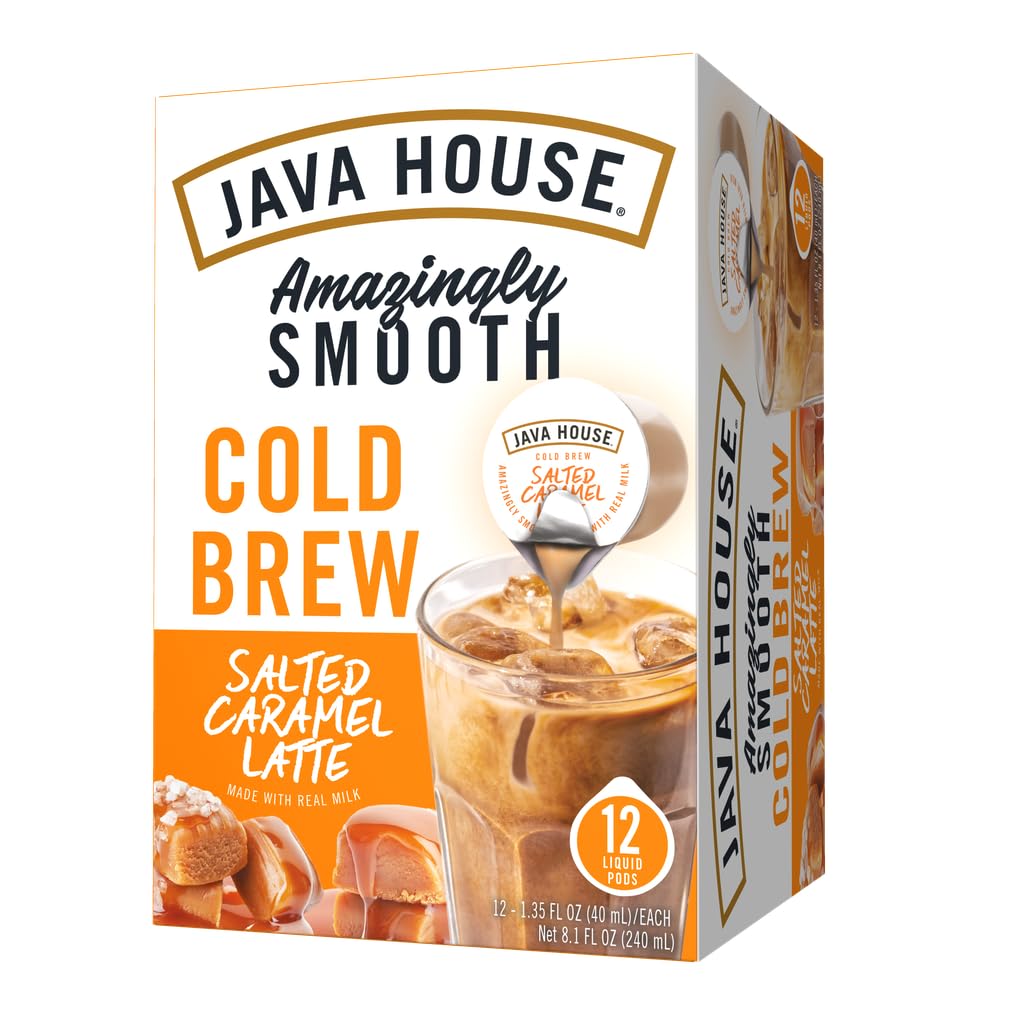 JAVA HOUSE Salted Caramel Latte Cold Brew Coffee Capsules, 1.35 Fluid Ounces (12 Count) Peel and Pour, TSA Approved, Travel Friendly Cold Brew, Hot or Iced