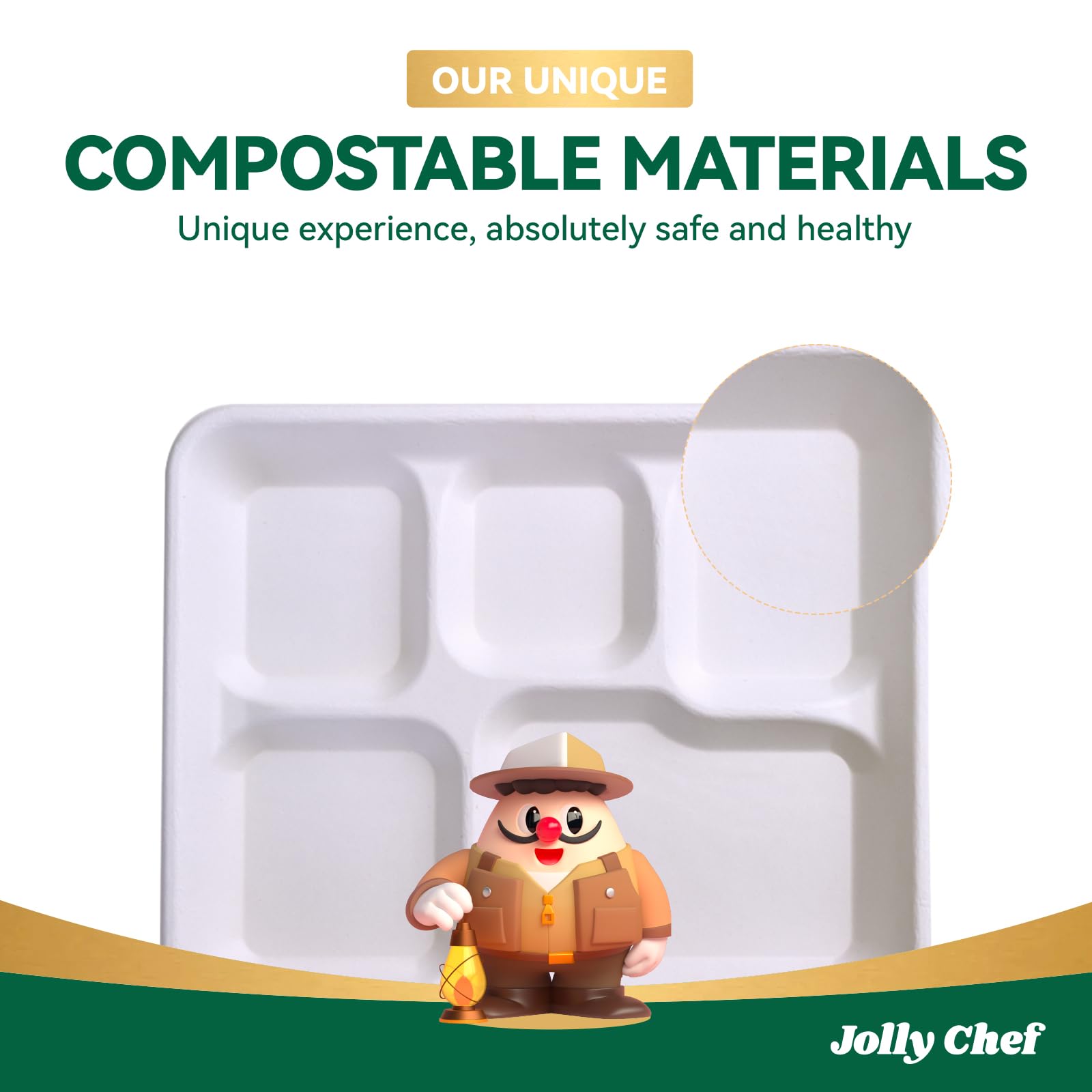 JOLLY CHEF Heavy Duty Compostable 3 Compartment Paper Plate 9 Inch 150 Pack