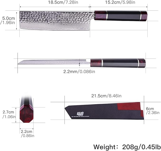 FINDKING 7 Inch Japanese Nakiri Knife with ABS sheath, Professional Vegetable Cleaver, Damascus Steel Blade, Resin Octagonal Handle, for Shredding, Slicing, Mincing (Eternity Series)