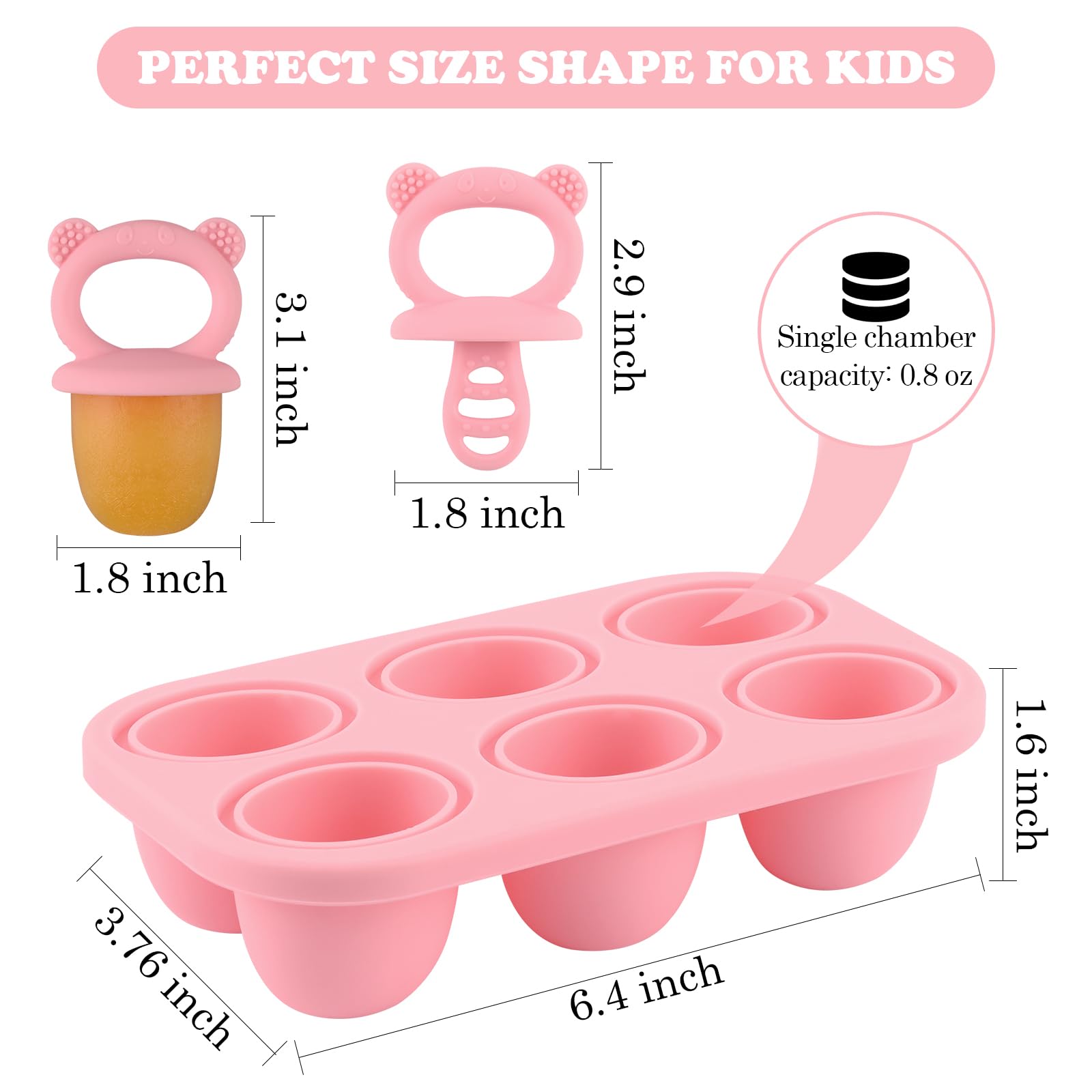 HUAKENER Mini Popsicle Molds, Silicone Popsicle Mold for Toddlers, 6-Cavity Ice Pop Molds with Handle for Making Healthy Baby Food, Breastmilk Popsicle (Pink)