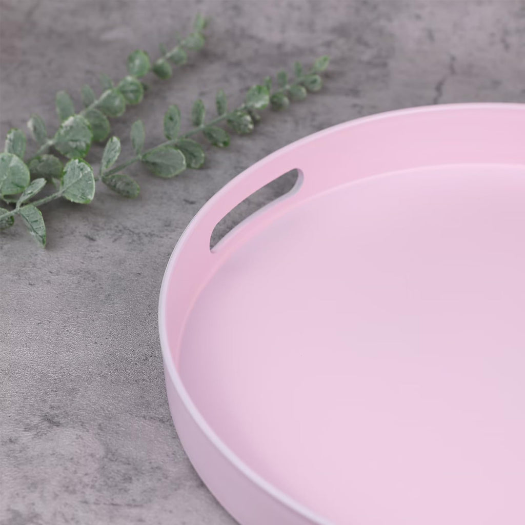 SforGUVA Round Pink Decorative Serving Tray with Handles, 13” Versatile Ottoman Tray for Coffee Table, Entertaining, Outdoor Patio, Living Room