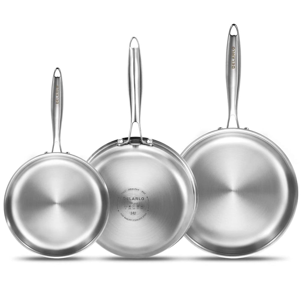 DELARLO Tri-Ply Stainless Steel Frying Pan Set 8”/10”/12”kitchen skillet