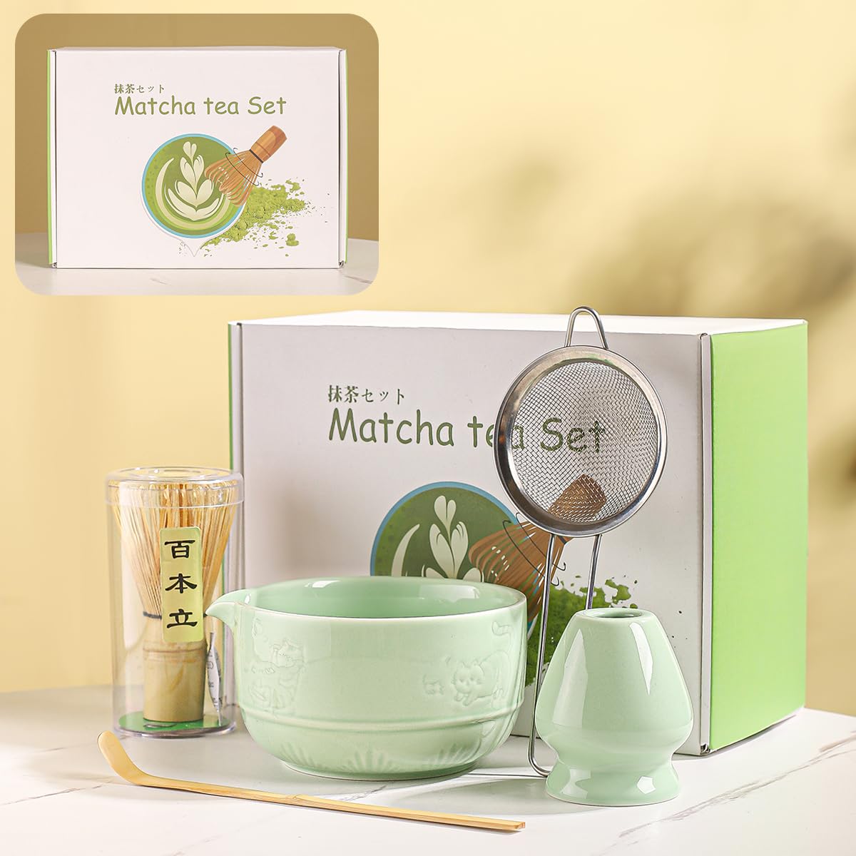 Matcha Tea Set, 5-Piece Ceramic Matcha Bowl & Whisk Kit with Cute Cat Pattern, Traditional Japanese Chawan, Scoop & Sifter, Perfect for Tea Ceremony, Gift for & Tea Lovers (Purple;)