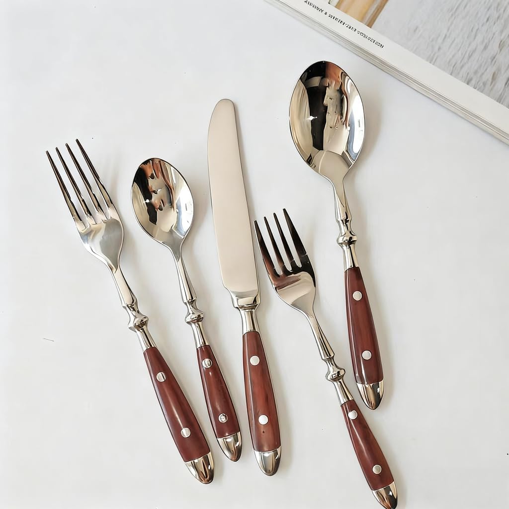 QUEARI Silverware Set For 8 with Two Rivets, Vintage 40-Piece Everyday Flatware Set with Brown Bakelite Handle, Stainless Steel Cutlery Set, Dishwasher Safe, Knives Spoons and Forks Set
