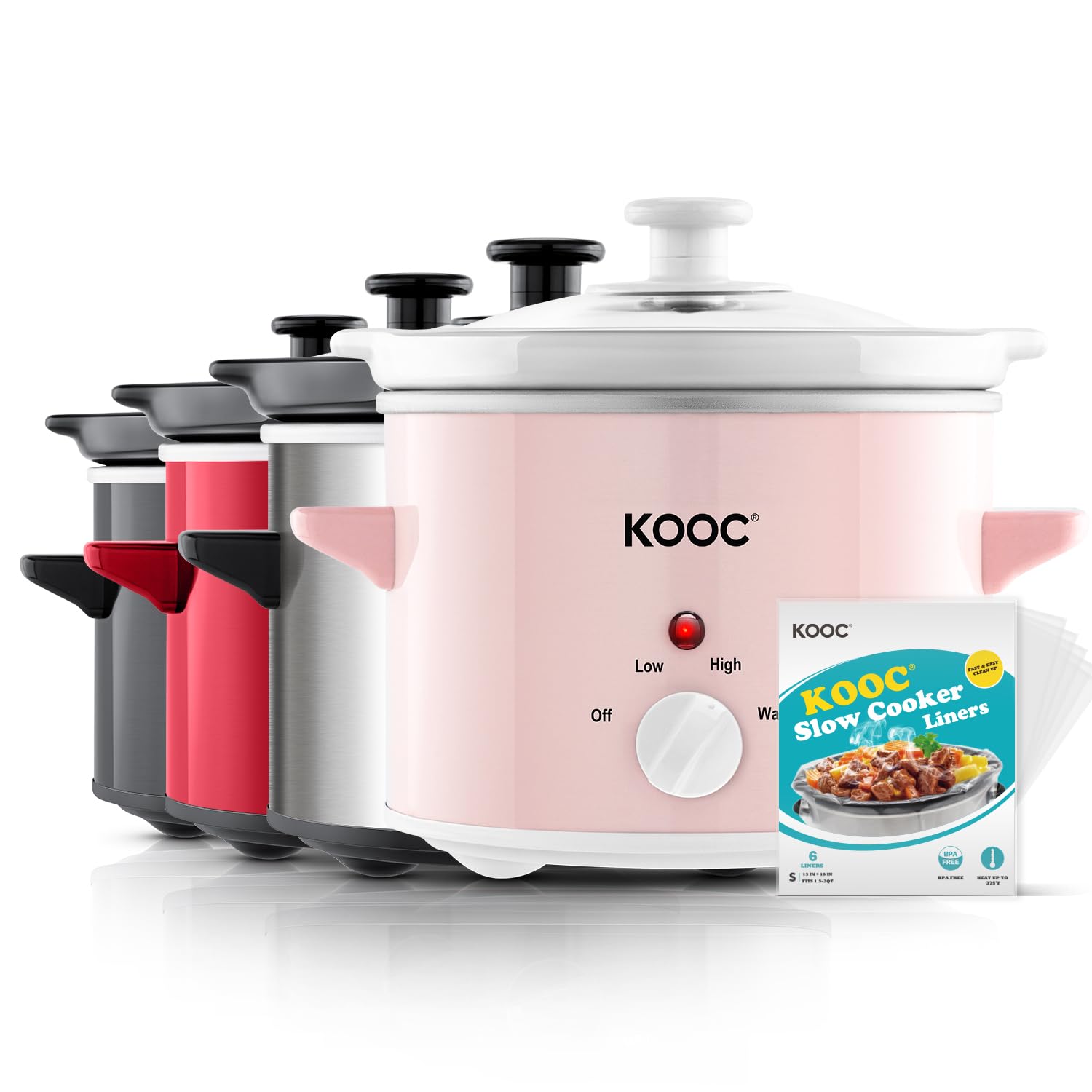 KOOC Small Slow Cooker, 2-Quart, Free Liners Included for Easy Clean-up, Upgraded Ceramic pot, Adjustable Temp, Nutrient Loss Reduction, Stainless Steel, Pink, Round