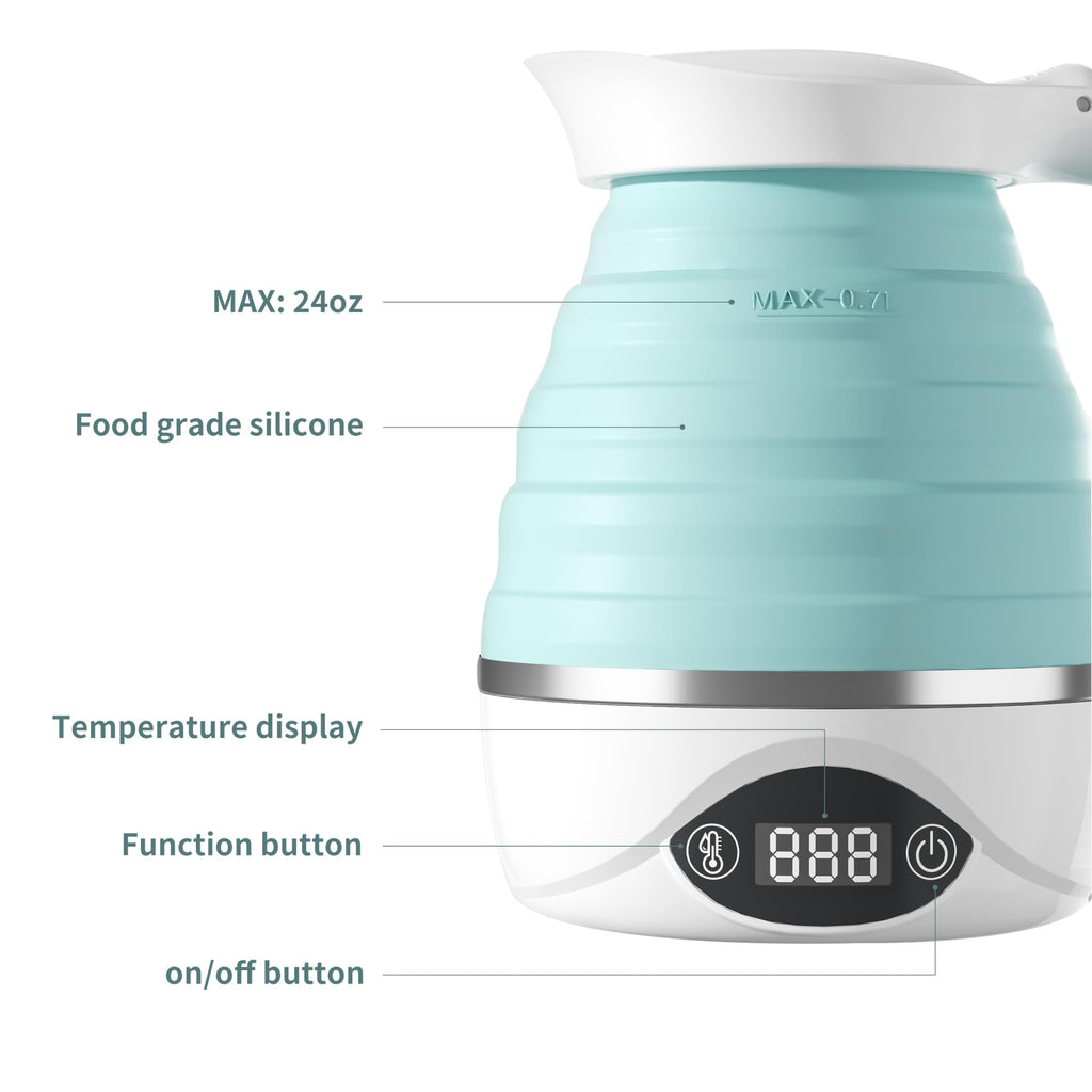 AUCOO Collapsible Travel Kettle, 700mL Small Electric Kettles for Boiling Water, 850W Portable Foldable Kettle with Digital Temperature, 110-220V Dual Voltage, BPA-Free Silicone for Tea & Coffee