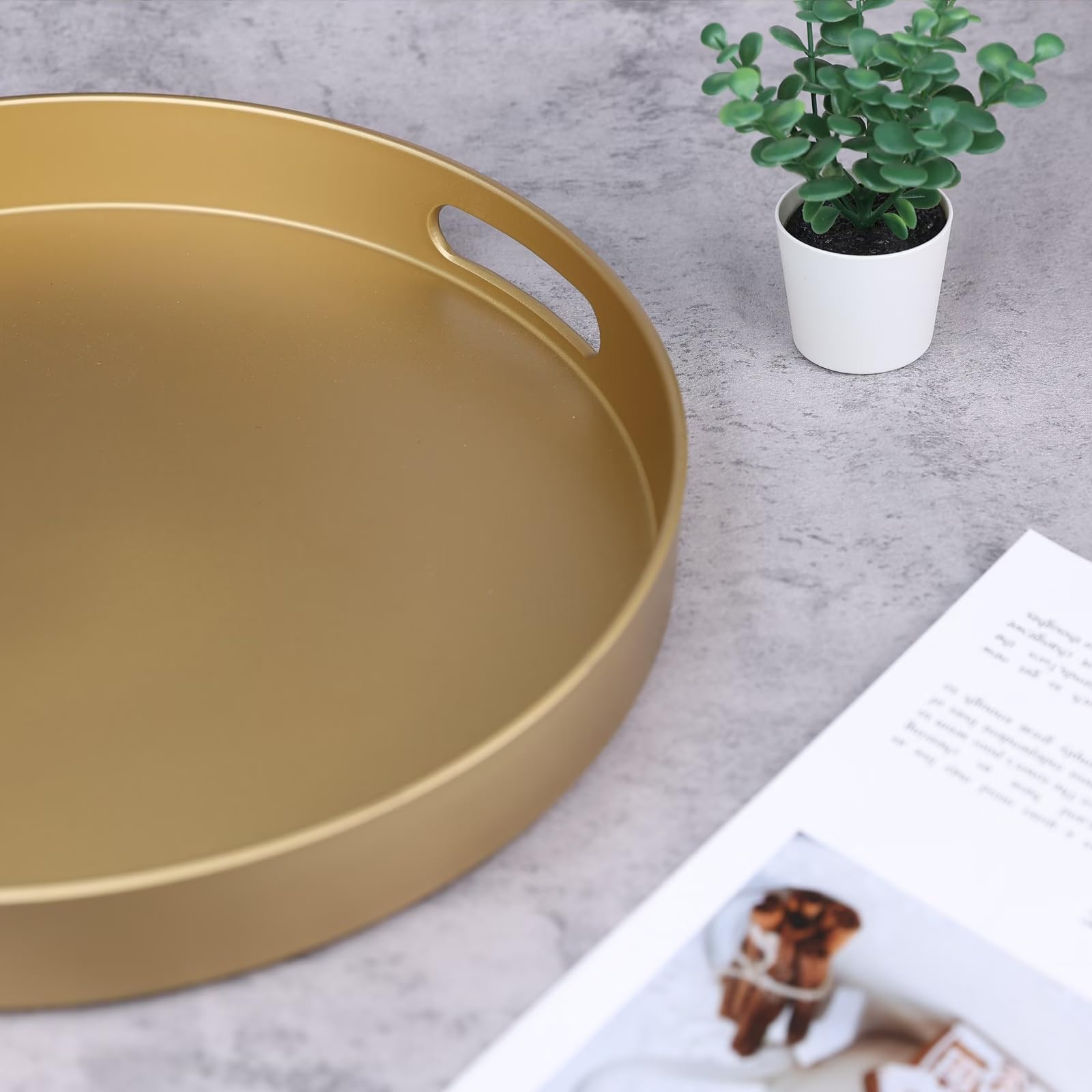 SforGUVA Round Gold Decorative Serving Tray with Handles, 13” Versatile Ottoman Tray for Coffee Table, Entertaining, Outdoor Patio, Living Room