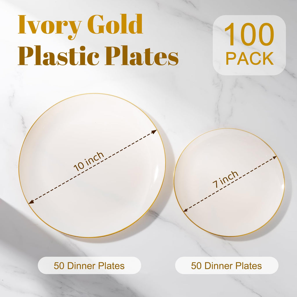 bUCLA 100PCS Ivory Plastic Plates with Gold Rim - Heavy Duty Cream Disposable Include 50 Dinner 10 inch & 50 Dessert 7 inch, for Party & Wedding