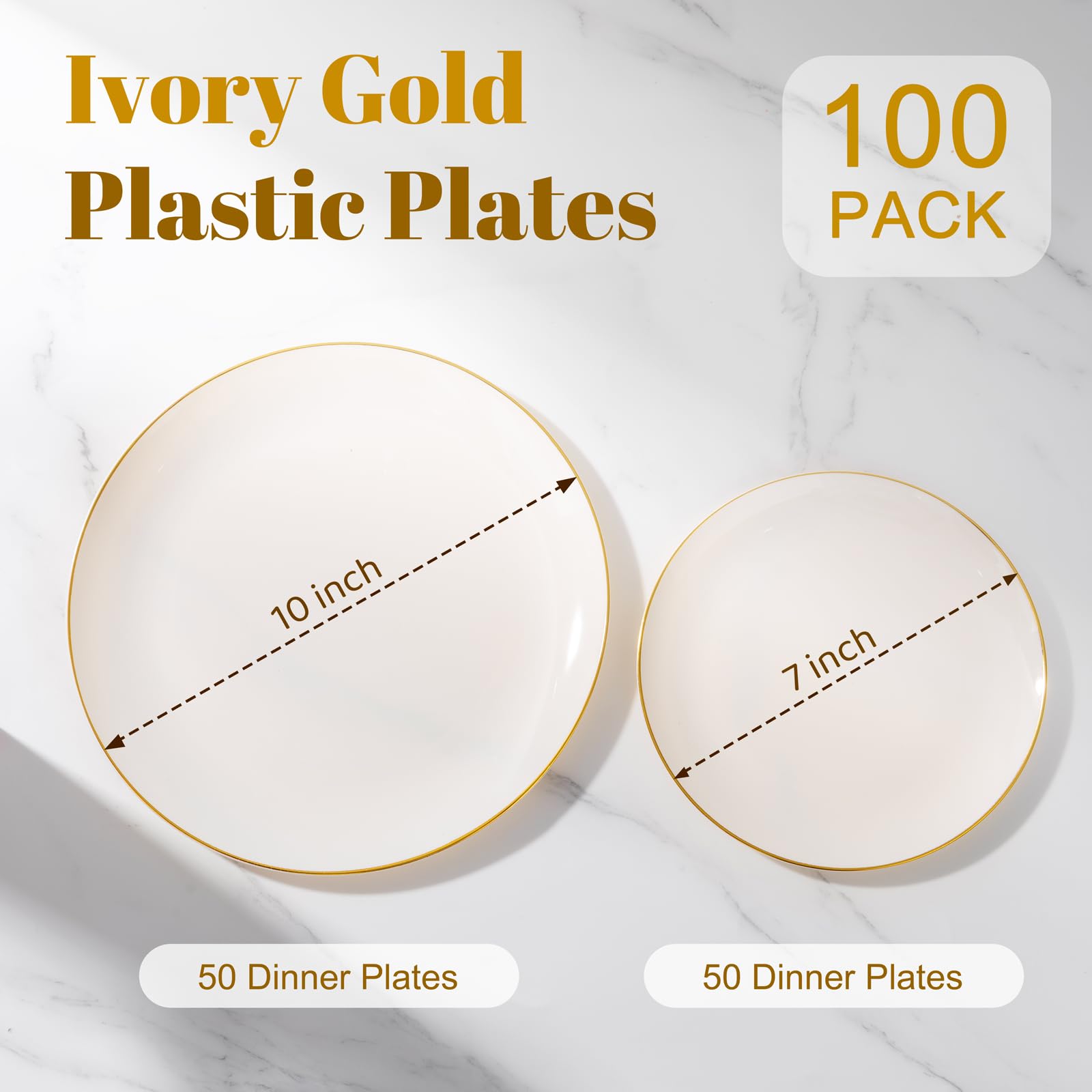 bUCLA 100PCS Ivory Plastic Plates with Gold Rim - Heavy Duty Cream Disposable Include 50 Dinner 10 inch & 50 Dessert 7 inch, for Party & Wedding