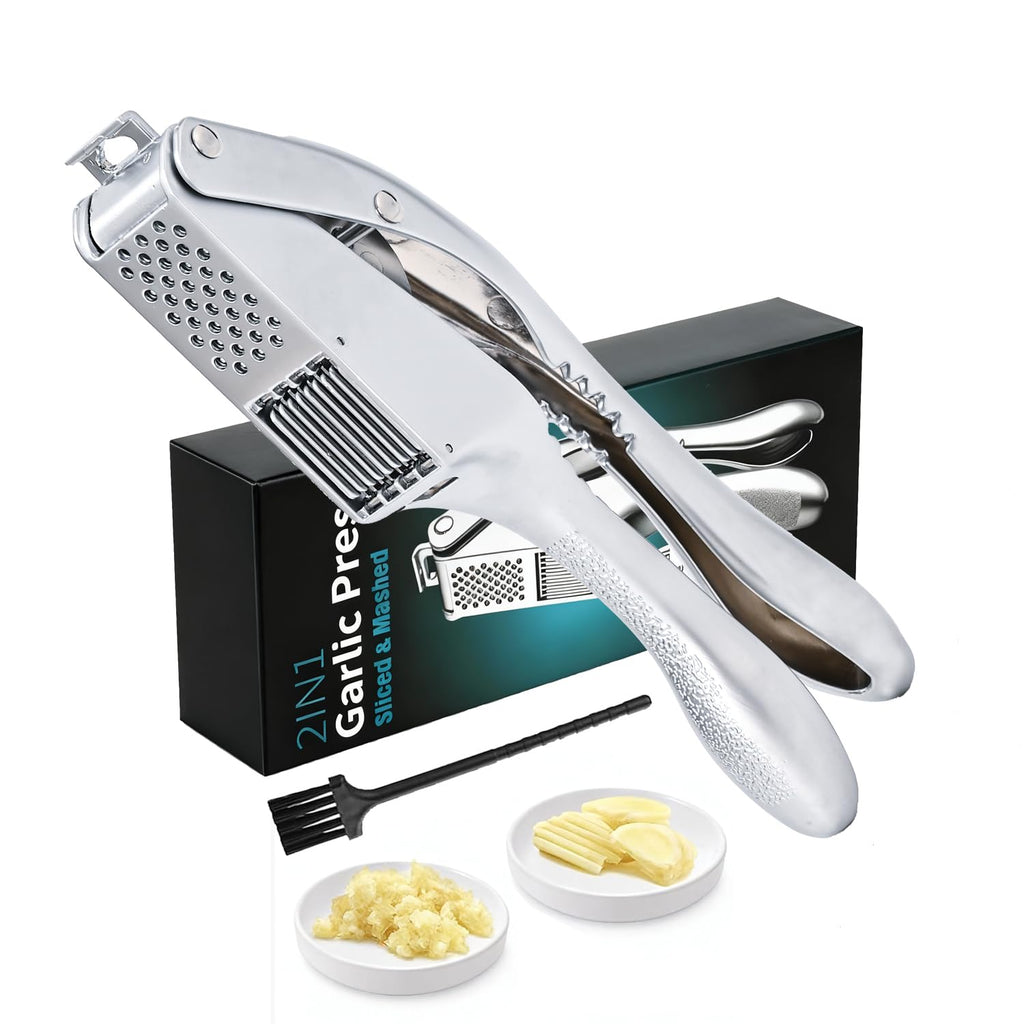 Garlic Press and Slicer 2 in 1, Rust Proof & Dishwasher Safe Professional Garlic Mincer Tool, Effortlessly Crush and Mince Garlic with this Ergonomic Handle-Garlic Slicer & Brush ANCQMI(Pear white)