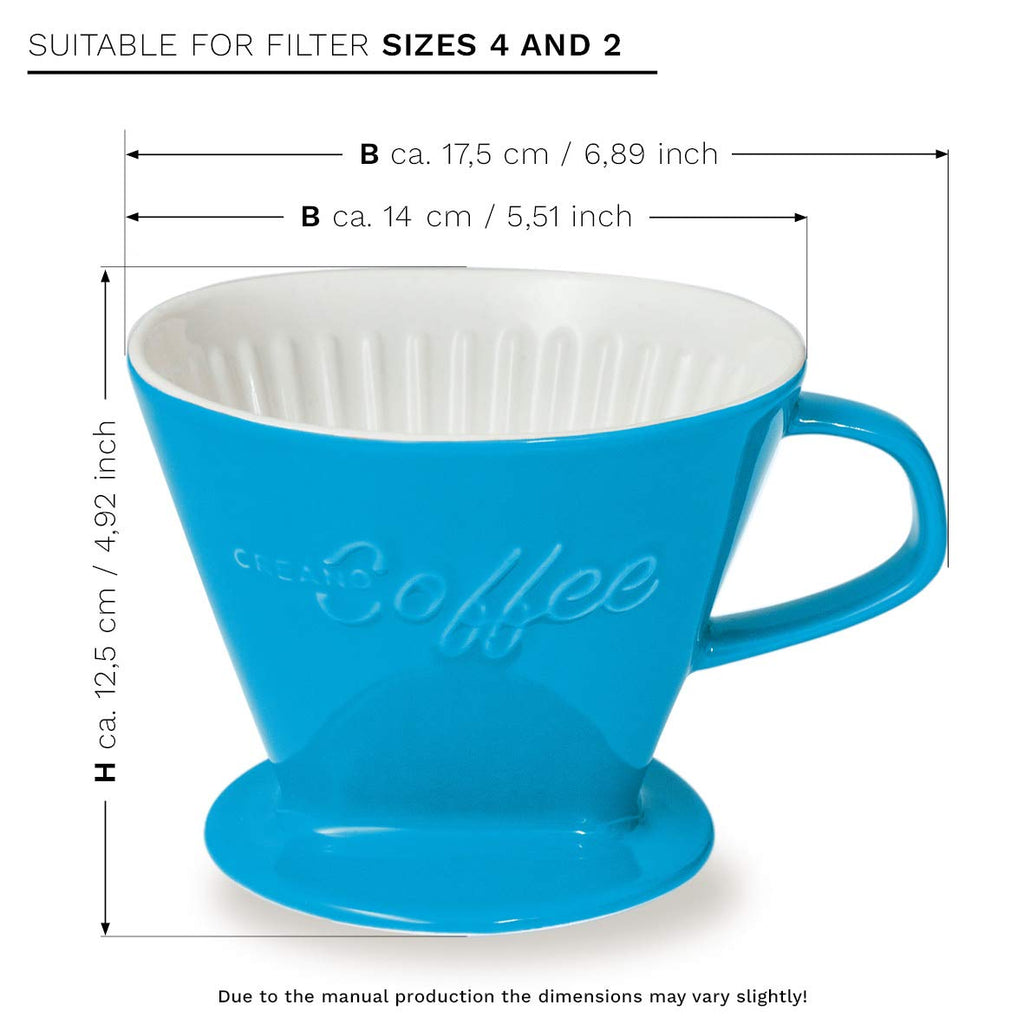 Creano XXL Porcelain Coffee Dripper Blue - Ceramic Cone Brewer - Pour Over Coffee Maker - Filter Size 4 - huge and heavy quality 800gr/28oz - 6 Colours availeble