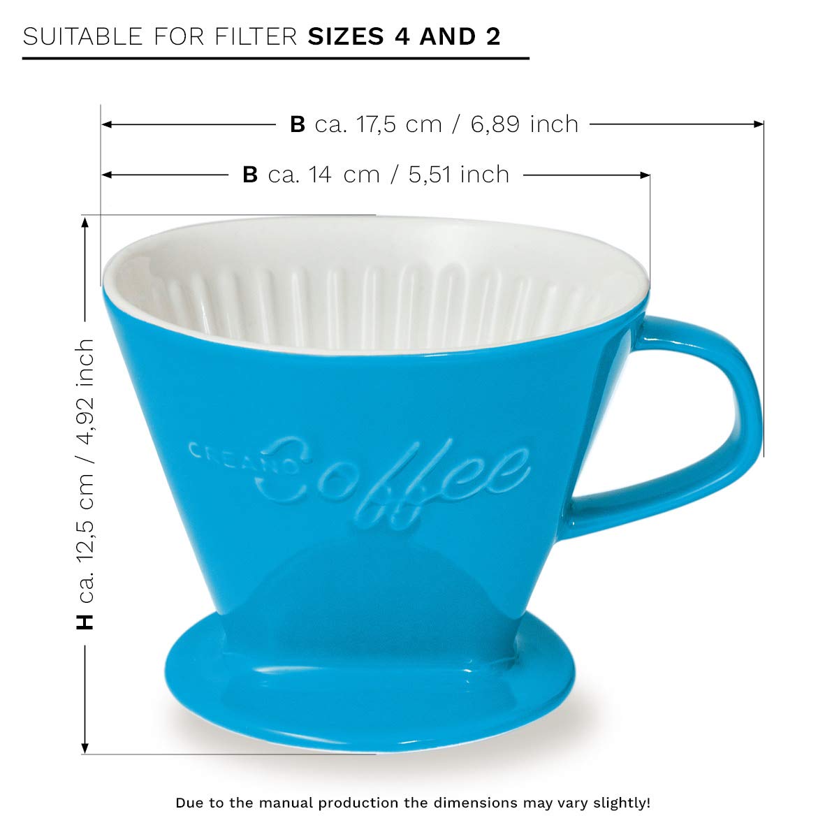 Creano XXL Porcelain Coffee Dripper Blue - Ceramic Cone Brewer - Pour Over Coffee Maker - Filter Size 4 - huge and heavy quality 800gr/28oz - 6 Colours availeble
