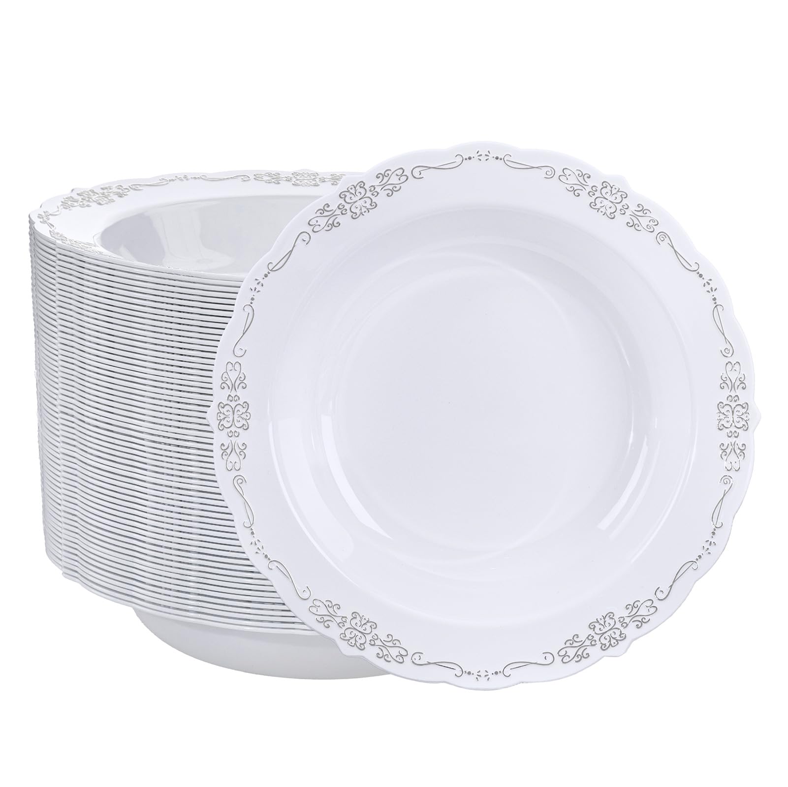 DaYammi 50 Pack Plastic Bowls with Silver Rim, 12oz Disposable Soup Bowls,Silver bowls Disposable Heavy Duty Dinner Bowl for Wedding,Plastic Serving bowls for Parties,Dinners,Catering and Everyday Use