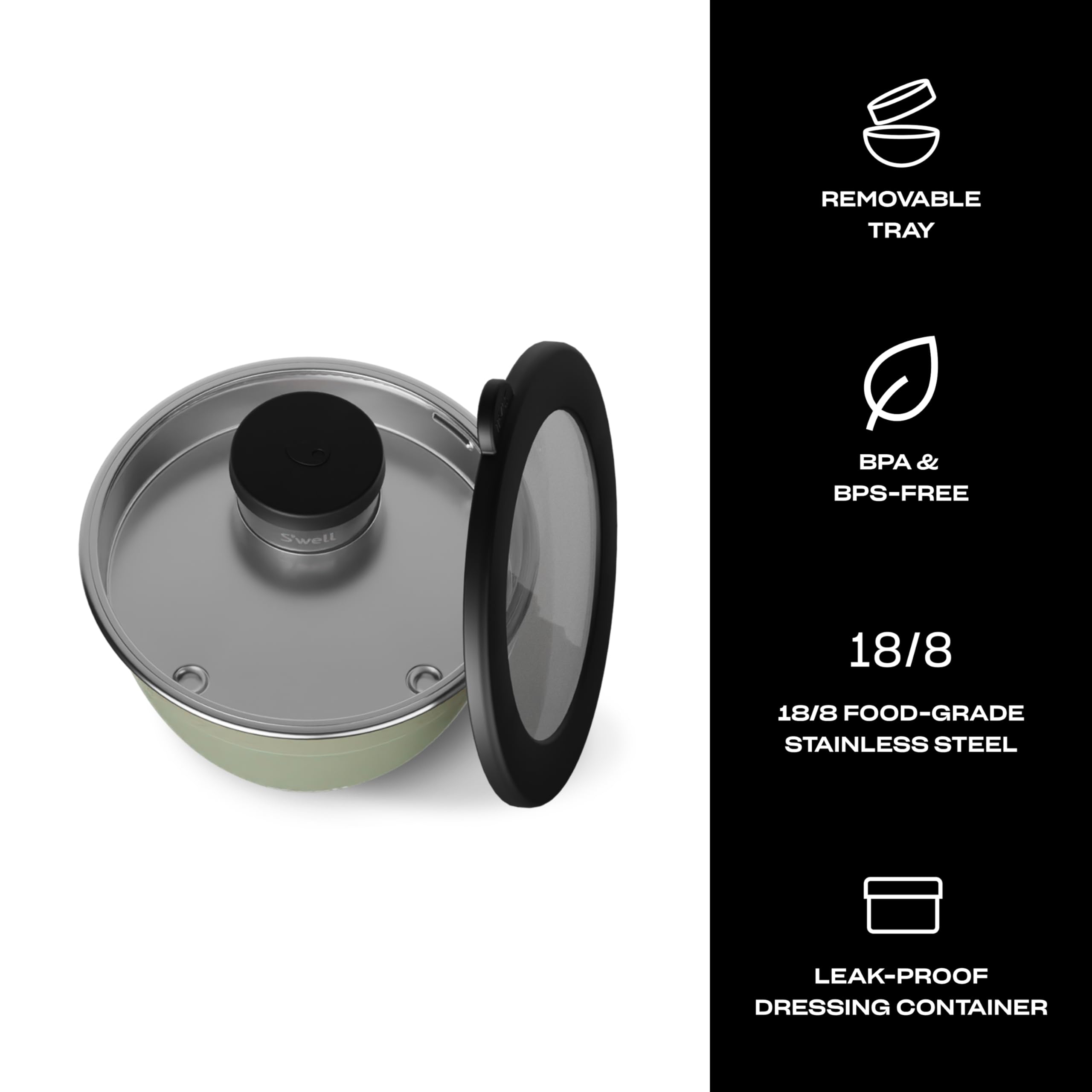 S'well Stainless Steel Salad Bowl Kit 64oz, Mountain Sage, Comes with 2oz Mini Canister and Removable Tray for Organization, Leakproof, Easy to Clean, Dishwasher Safe