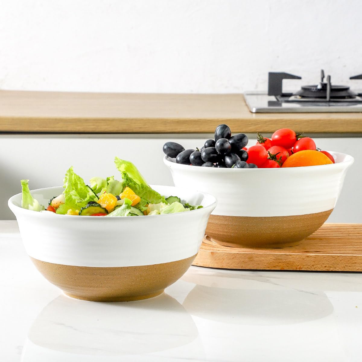 HASENSE Large Ceramic Serving Bowls Set of 2, 84 Oz 9 Inch White & Terracotta Stoneware Mixing Bowls, Farmhouse Bowls for Salad, Baking, Popcorn & Side Dishes, Dishwasher & Microwave Safe