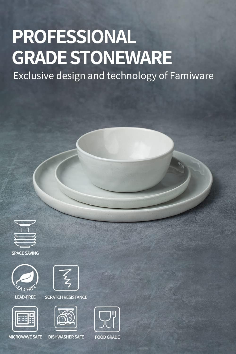 Famiware Mars Stoneware Dinnerware Set for 8, White