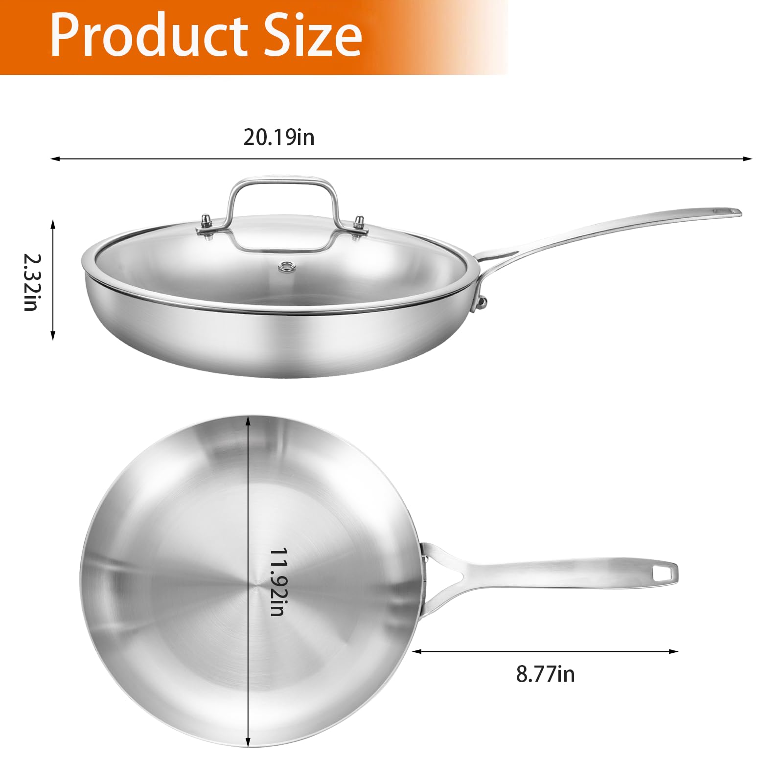 DELARLO Tri-Ply Stainless Steel Frying Pan 12" With Lid Kitchen Skillet