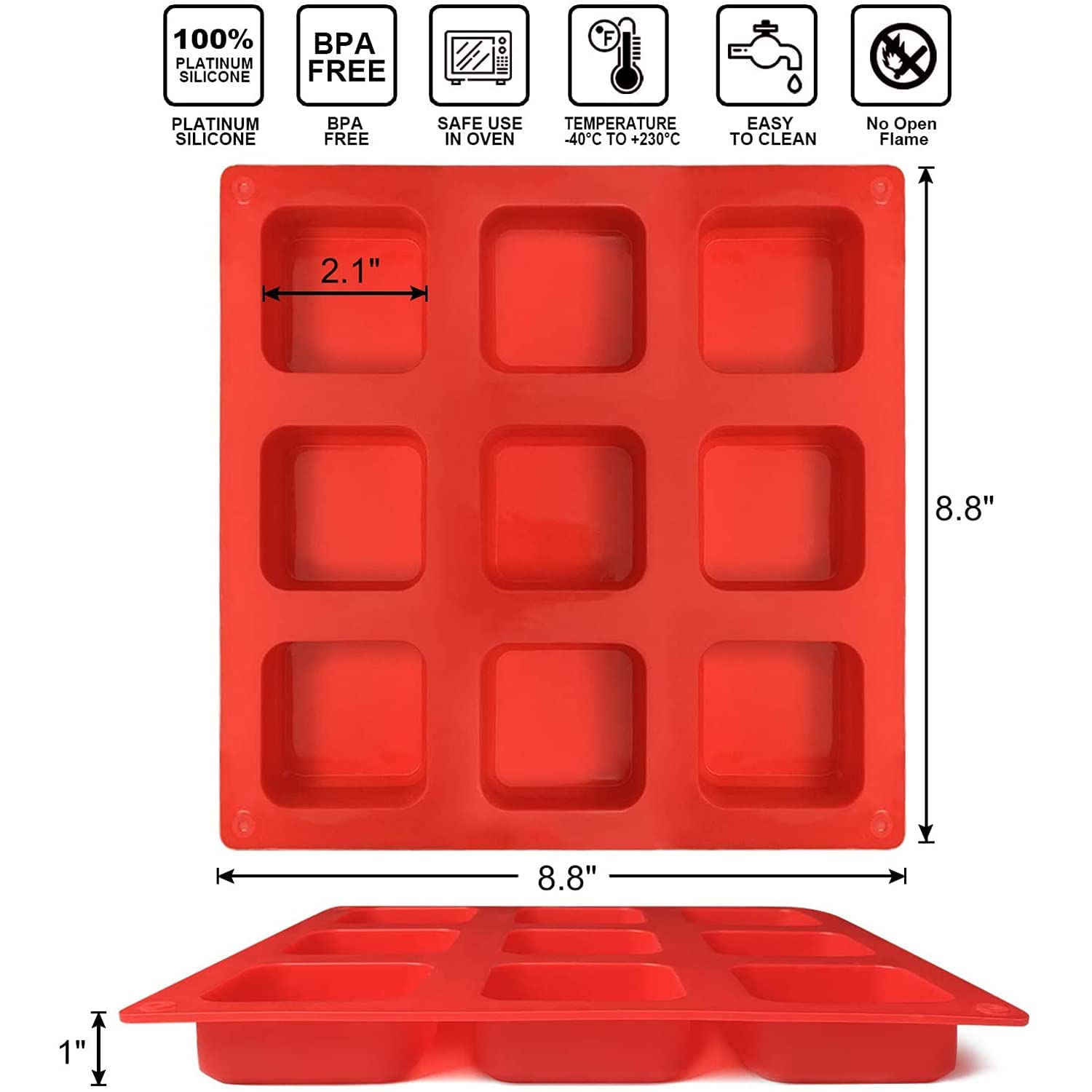 Walfos Silicone Brownie Pan 9-Cavity Non-stick Square Baking Pan, Perfect for Brownies, Cornbread, Muffin and Cakes, BPA Free and Dishwasher Safe, Set of 2
