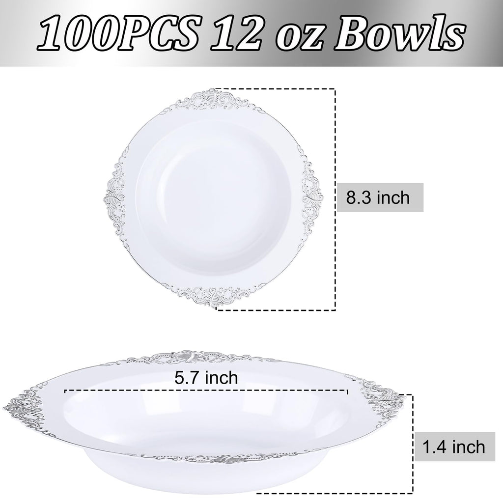Joyido 100PCS Silver Plastic Bowls - 12 oz Silver Disposable Salad Bowls - Heavy Duty Disposable Soup Bowl - Fancy Plastic Ice Cream Bowl for Weddings Parties Dinners Picnics