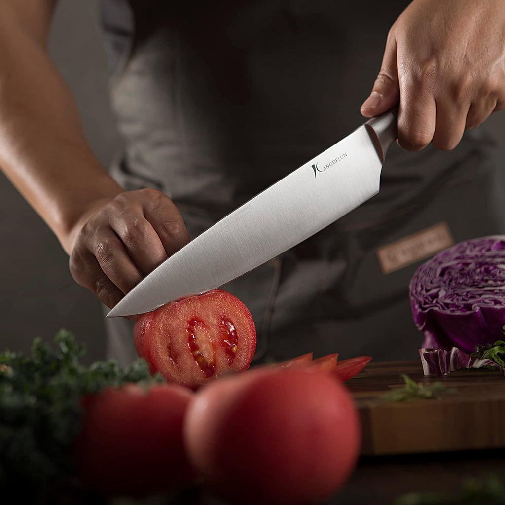 kangdelun 4-Piece Kitchen Knife Set, 50Cr15MoV High-Carbon Stainless Steel, 56-58 HRC Ultra Sharp, Dark Ash Wood Handle, 8" Chef, 8" Bread, 7" Santoku & 5" Utility, Magnetic Gift Box