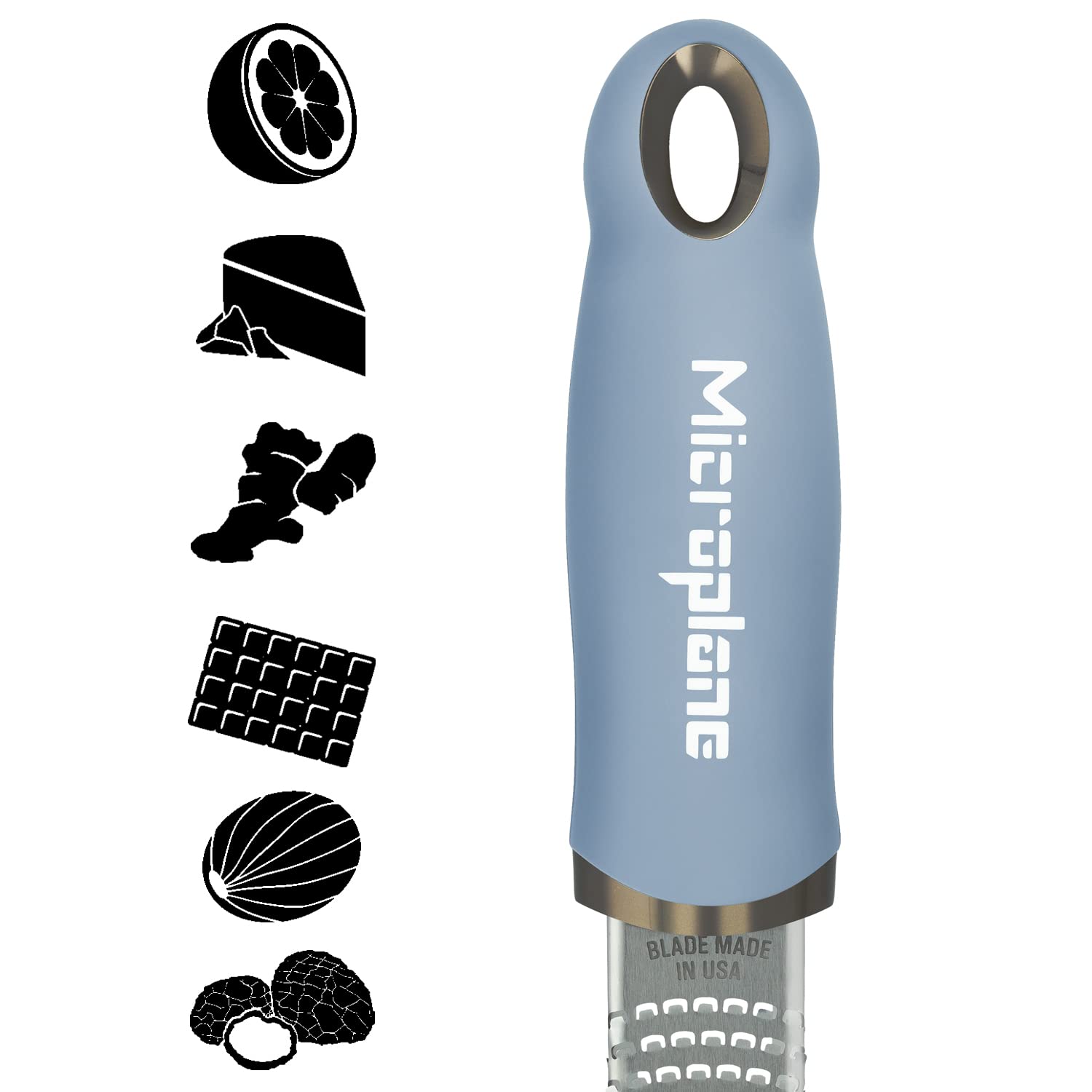 Microplane Zester Grater in Sky Blue for Citrus Fruits, Hard Cheese, Ginger, Chocolate and Nutmeg with Fine Stainless Steel Blade - Made in USA