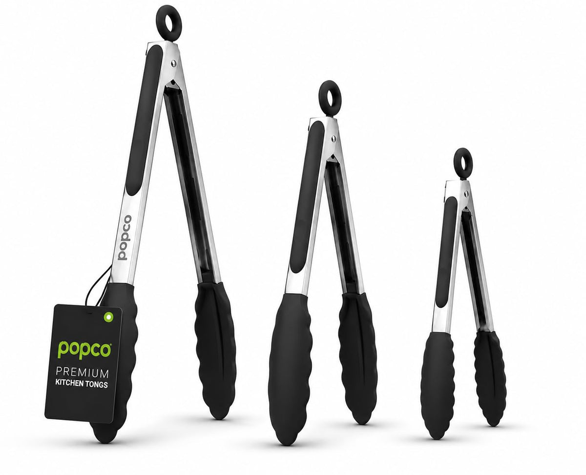Popco 3-Piece Kitchen Tongs Set – Stainless Steel Heat Resistant Silicone Tips, Strong Comfort Grip, 3 Sizes (7, 9, 12 Inch), Non-Scratch, Dishwasher Safe, For Cooking, BBQ, Salad