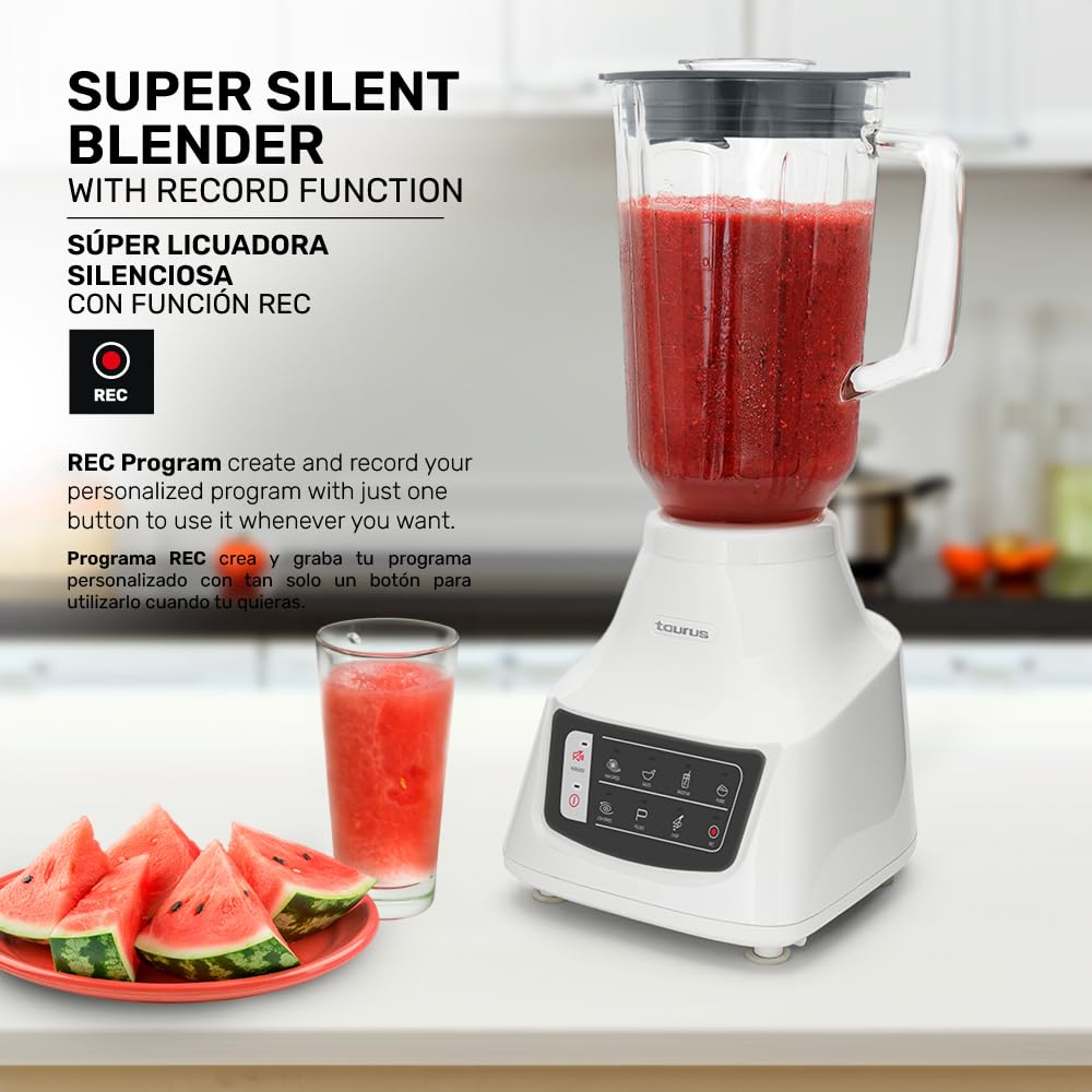 Taurus Potenza Comfort Blender, 1050W, 1.5L Glass Jar, Up to 50% Less Noise, Stainless Steel Blades, 9 Speed Settings, Quiet Powerful Blender for Smoothies, Ice, and Frozen Drinks