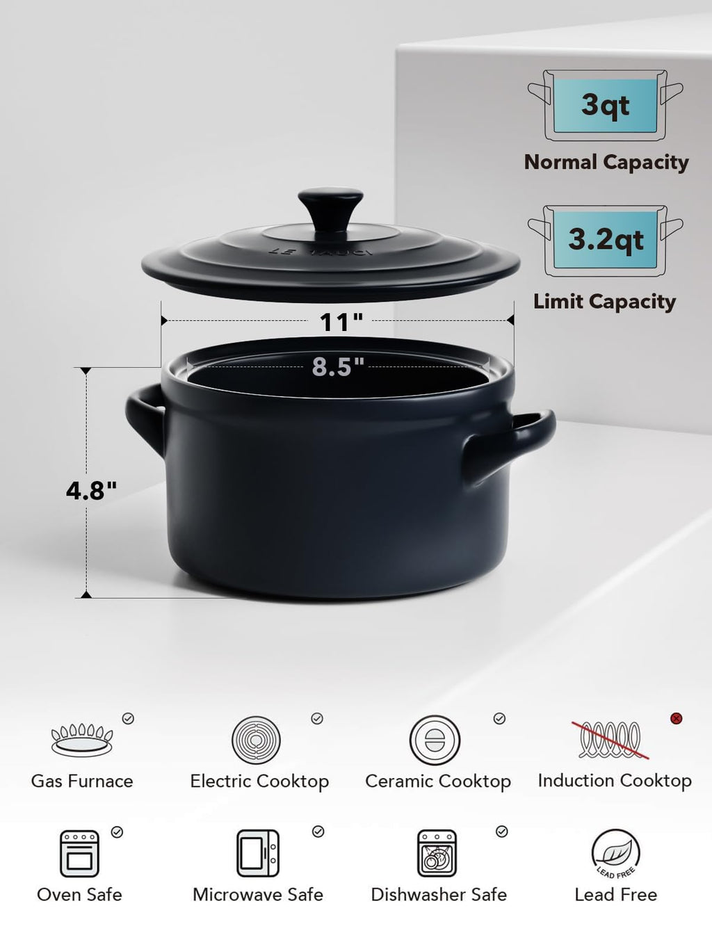 LE TAUCI 3 QT Ceramic Bread Baker with Lid for Sourdough, Covered Bread Baking Pot with Natural Steam Retention, Oven Safe to 500°F, Silicone Bread Sling Included, Midnight Blue