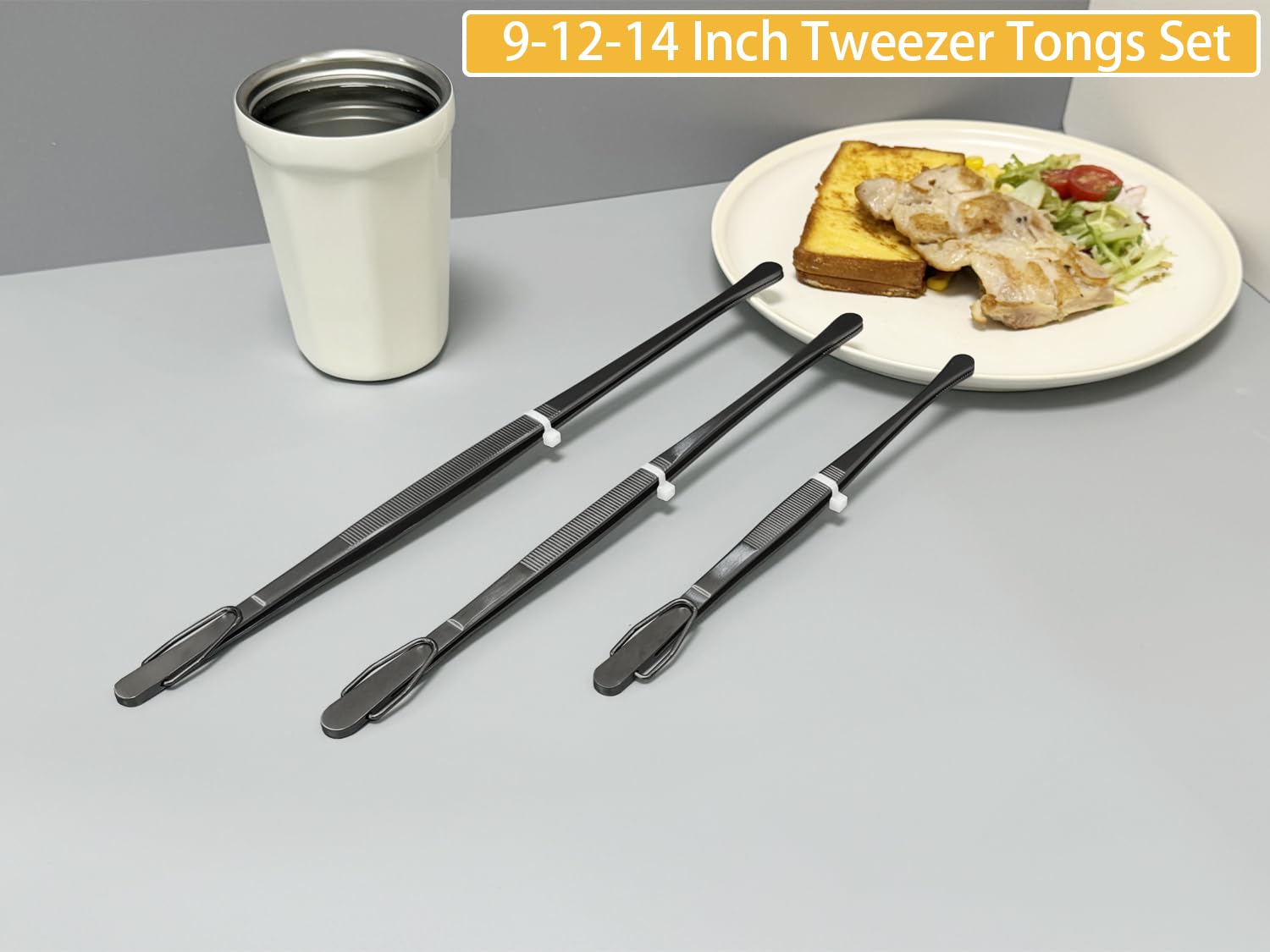 JETKONG 3 Pcs Extra Long Kitchen Tweezers 9 12 14 Inch Heavy Duty Stainless Steel Cooking Tweezers (Round Tips, Black)